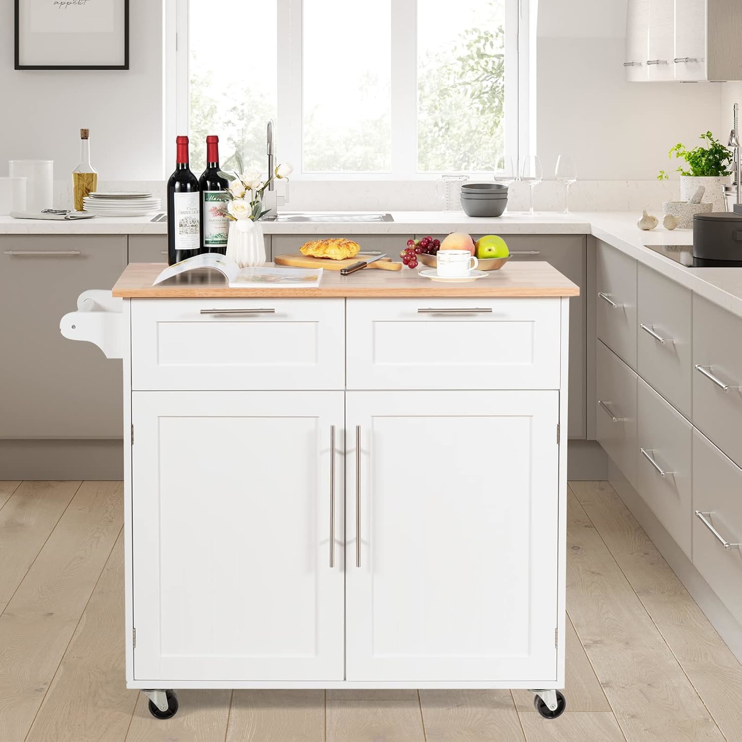 Kitchen Island, Kitchen Storage Trolley, Rolling Kitchen Cart With Storage Drawers And Large Cabinets