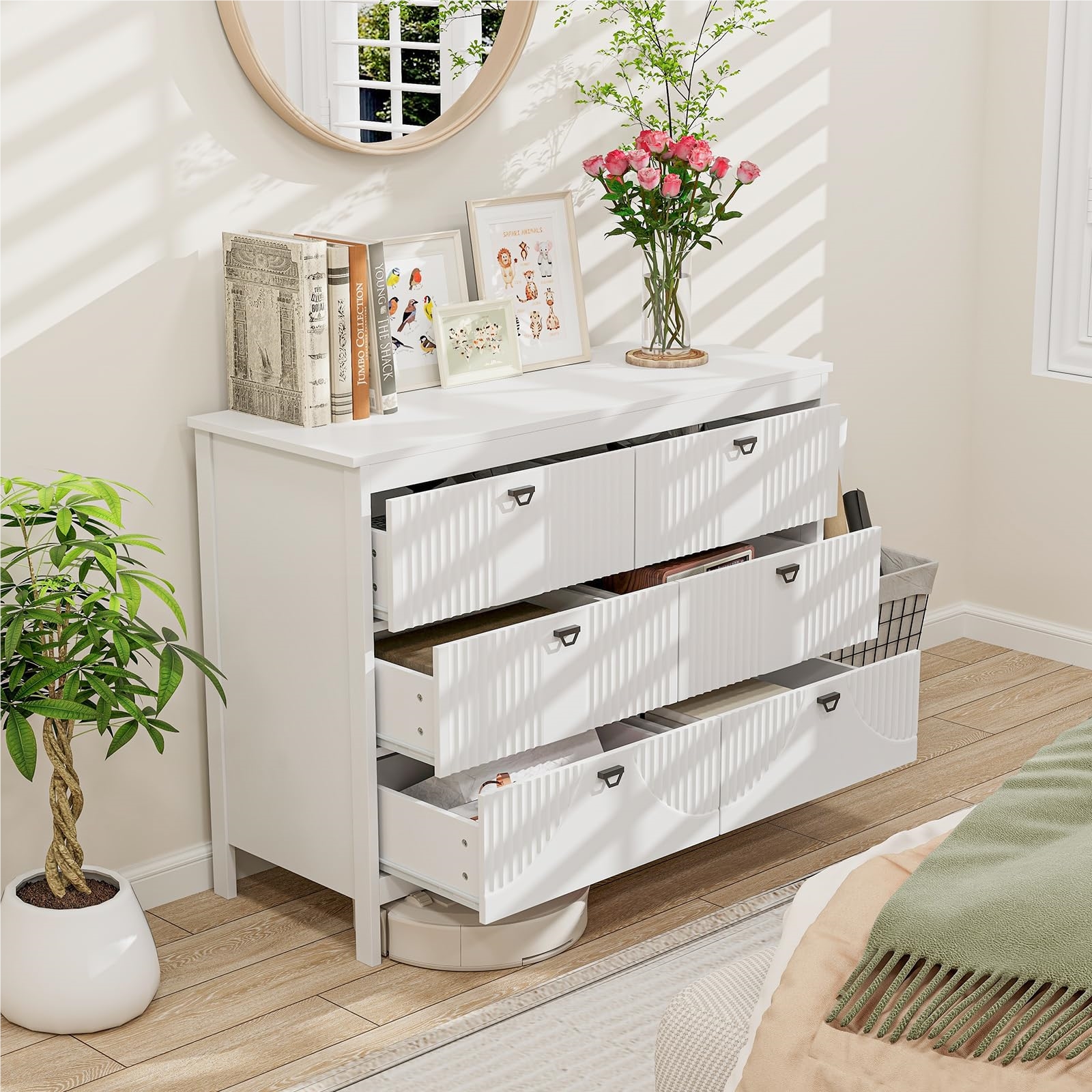 Dresser With 6 Drawers, White Wooden Sideboard, Modern Drawer Cabinet, Storage Cabinet With Metal Handles & Tilt Protection, Drawer Dresser For Bedroom, Living Room
