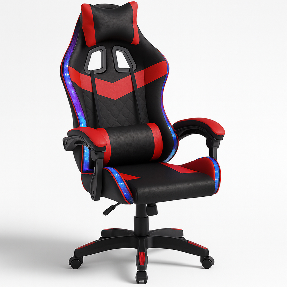 TEMU Silla Gaming BAKAJI con Tira LED RGB Multicolor, Tapicería de Cuero Ecológico, Respaldo Reclinable, Altura Ajustable de 106 a 116 Cm, Silla de