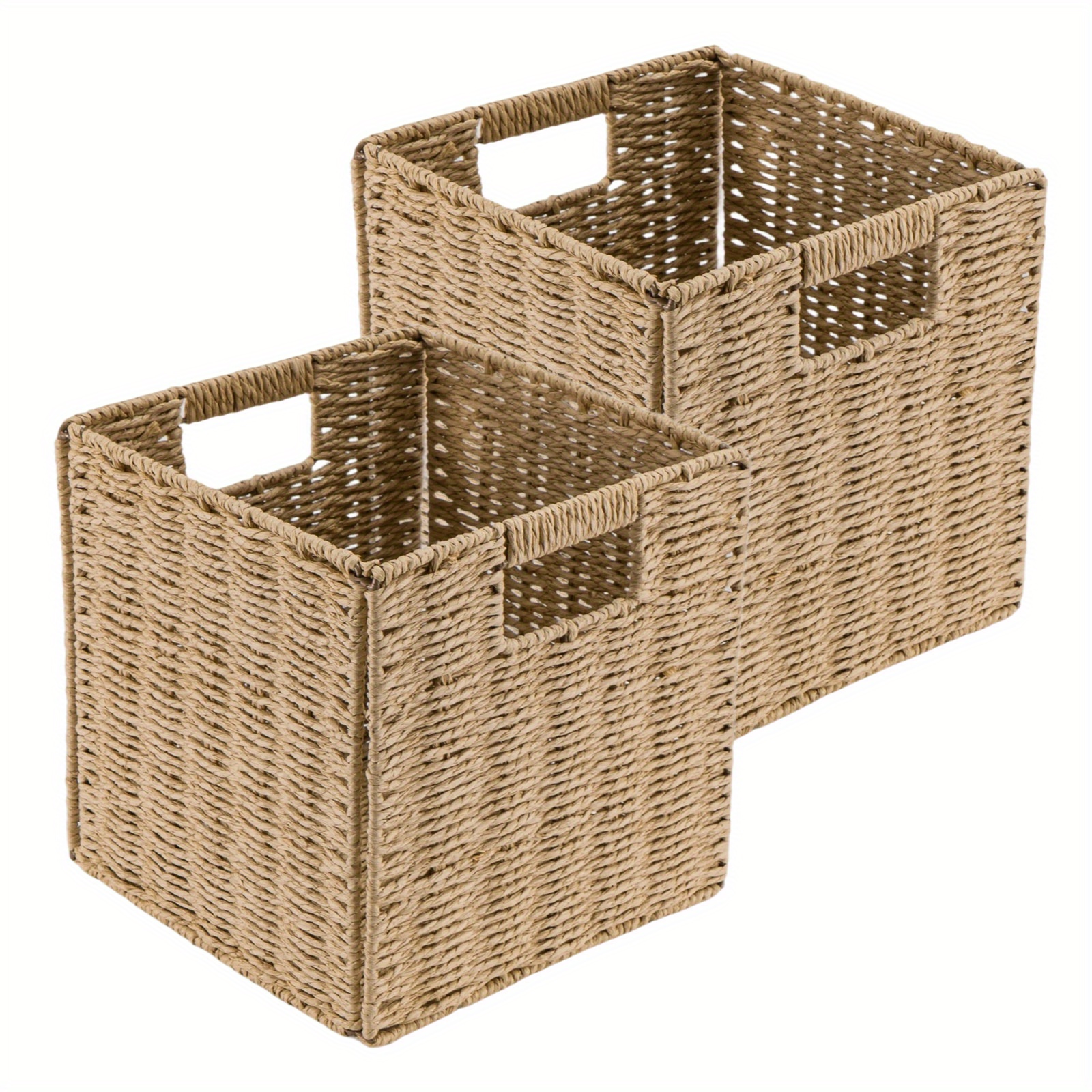 TEMU Storage Basket, Set Of 2 Hand-woven Paper Rope Wicker Baskets For Storage, Foldable Cube Storage Bins Organizer, Wicker Storage Baskets For
