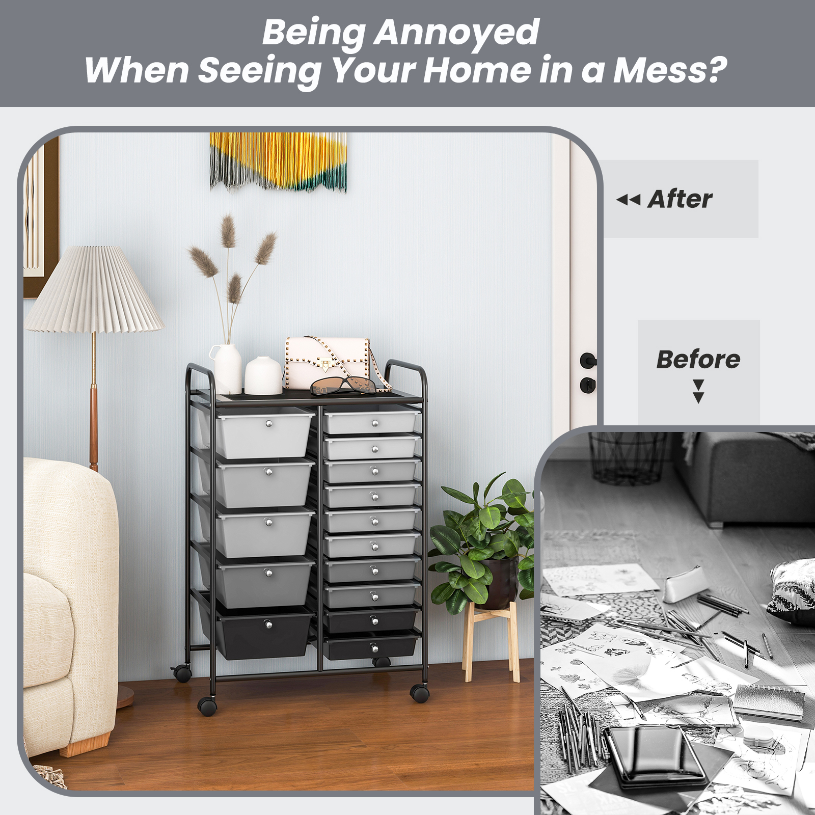 Drawer Rolling Cart, Storage Cart With Removable Drawers And Lockable Wheels, Multipurpose Storage Unit