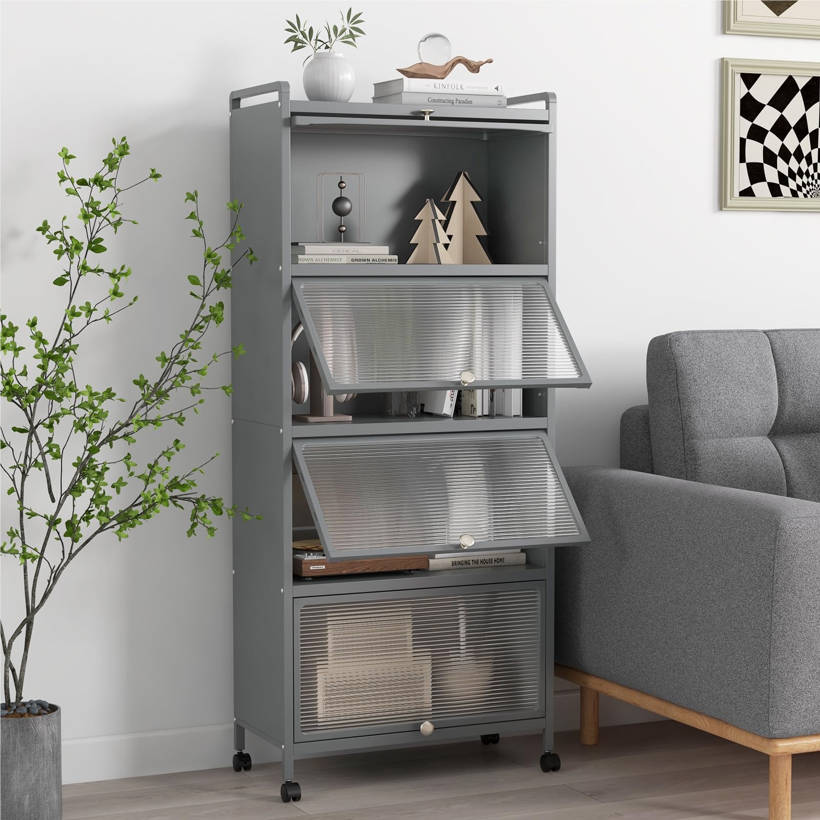 Image of Kitchen Cabinet Tall, Kitchen Shelf With Rollers, 5-stage, Microwave Stand With Foldable Pc Doors & Tilt Protection, Standing Cabinet Tall Cabinet, For Kitchen Dining Room Living Room (gray)