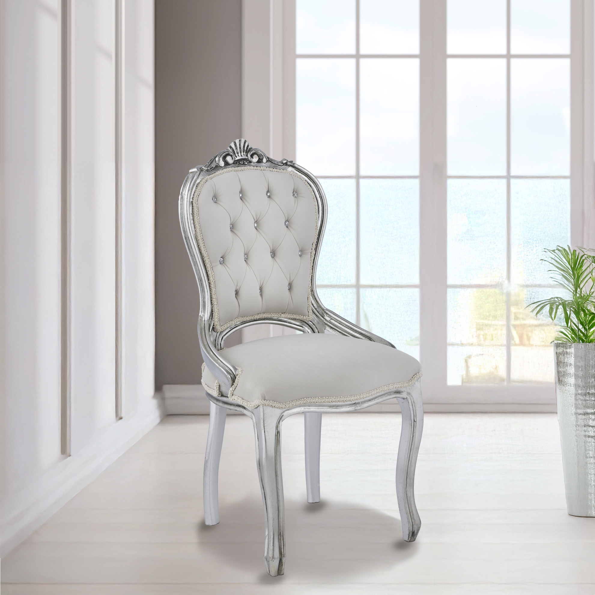 Baroque Rococo Style Musician's Armchair for Entryway, Hallway, Bedroom, or Small Desks – Solid Wood Frame, Leaf and Lacquered Decor, High Velvet Upholstery