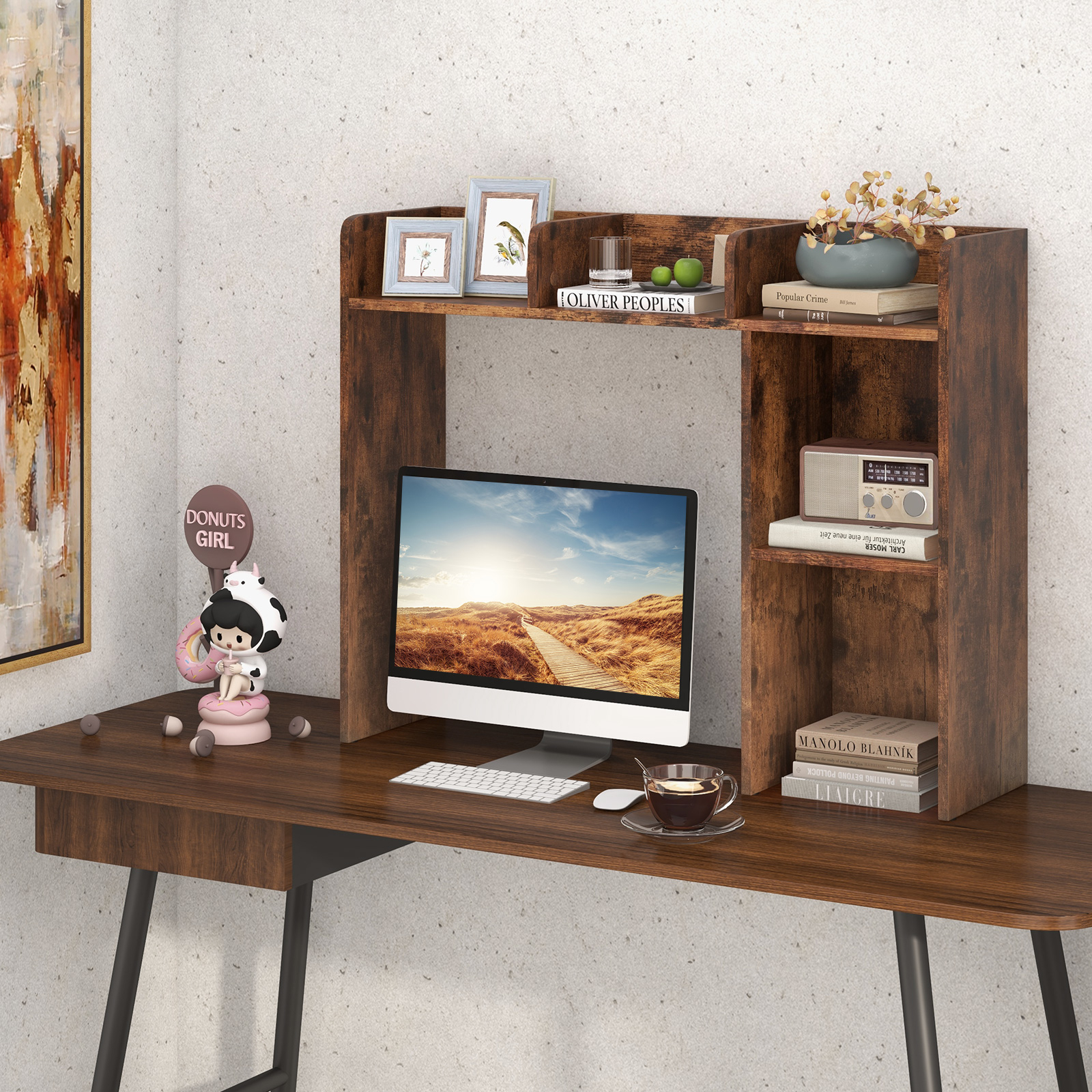 Image of Office Library, Multipurpose Wooden Countertop With 4 Shelves And An Open Back Compartment, 3 Level Display Shelf Unit