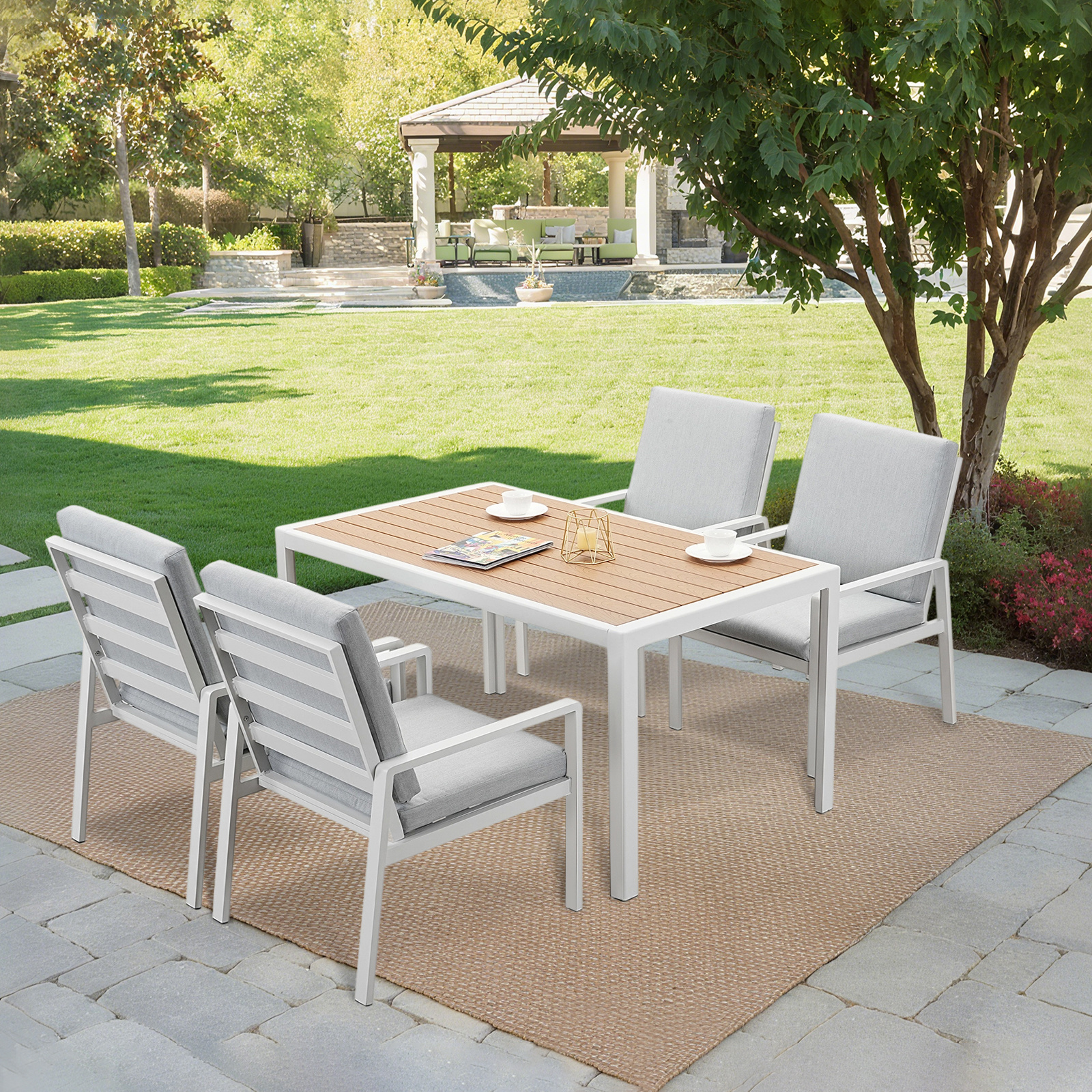 Image of 5-piece Garden Lounge Set Dining Group (aluminum Garden Furniture Set, 4 Armchairs, 1 Dining Table 140cm, 8 Cushions), Garden Lounge Set Dining Set For