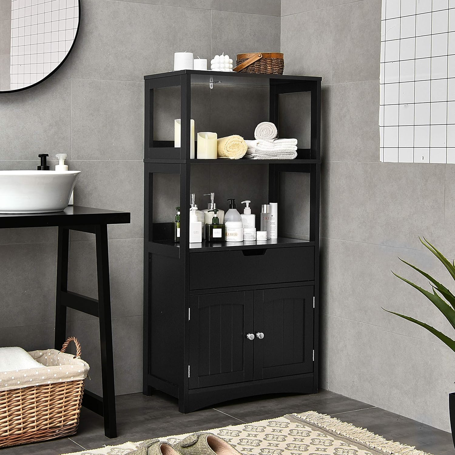 Floor Storage Cabinet, Freestanding Bathroom Cabinet With Three-tier Rack, Drawer And Door