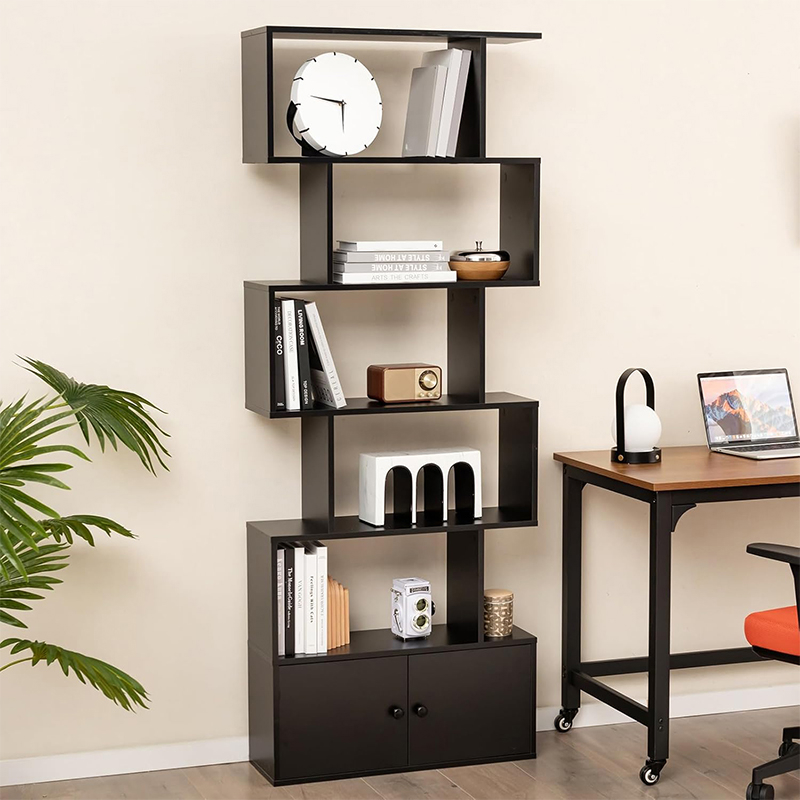 6 Tier Geometric Bookcase With Doors, Z-shelf Bookshelf With Anti-toppling Devices, Cabinet With Doors