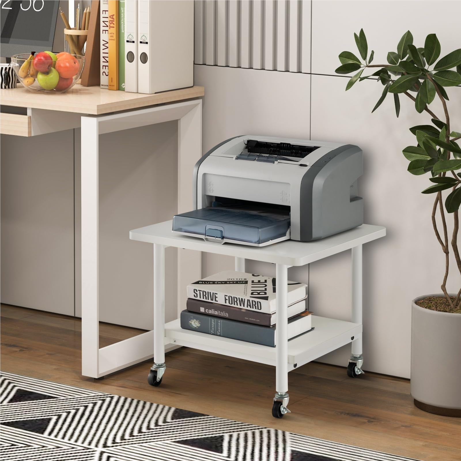Printer Cart With Wheels, Printer Stand With Lockable Casters, 2-tier Printer Trolley, Printer Shelf Holder For Office, Fax, 49 X 40 X 38 Cm (all-white)