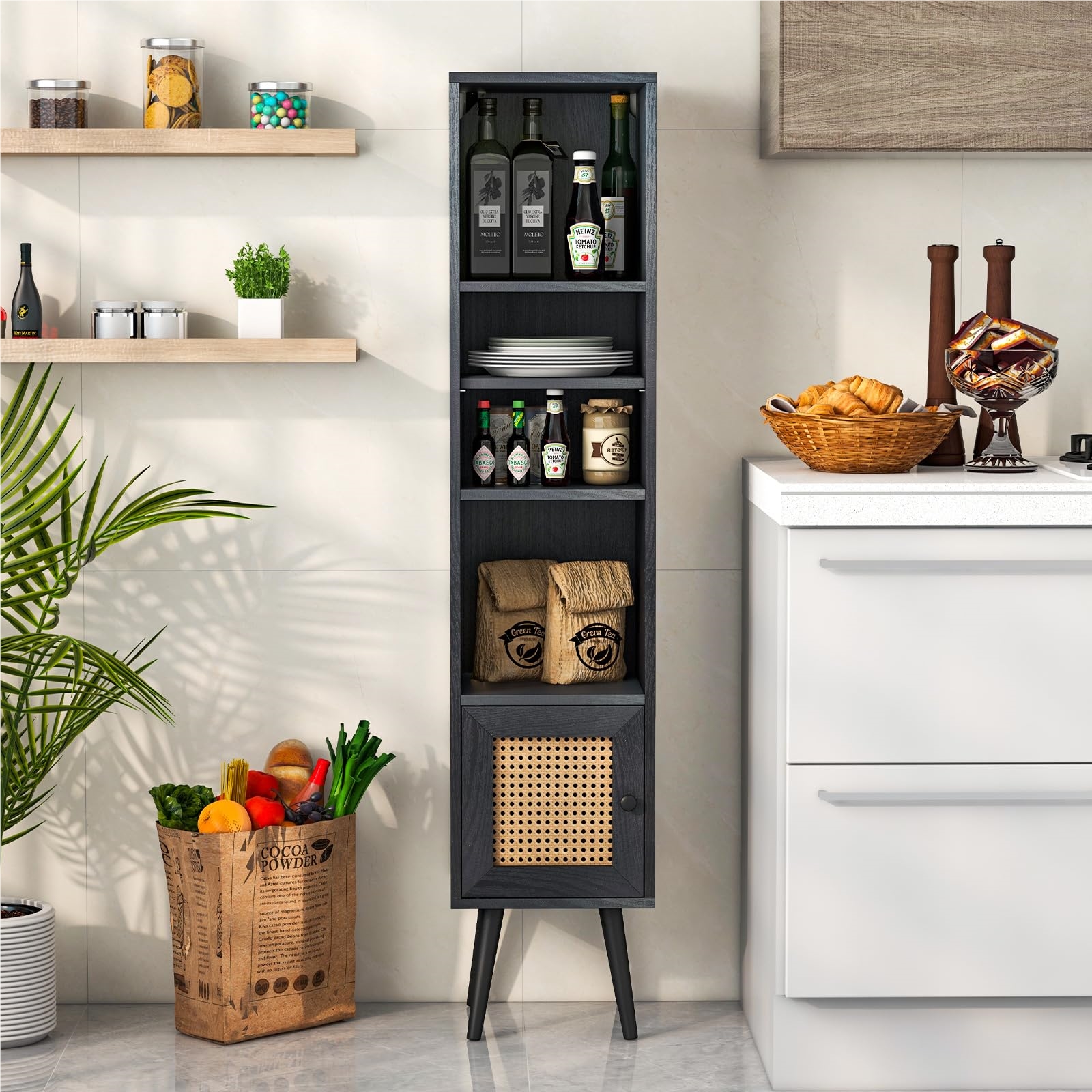 Image of Tall Cabinet Rattan, Bathroom Cabinet With 4 Shelves, Wooden Legs And Rattan Door, Narrow Commode, Boho Wooden Bookshelf X X 137cm (black)