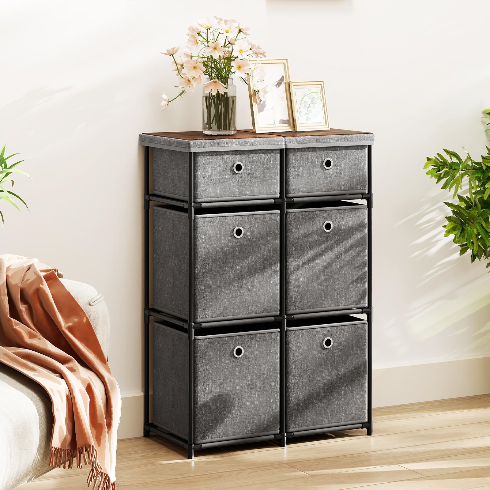 Image of Dresser With Drawers, Storage Table With Metal Frame And Foldable Fabric Containers, Nightstand Fabric Dresser For Living Room, Children's Room, Wardrobe (58 X 29 X 84 Cm)