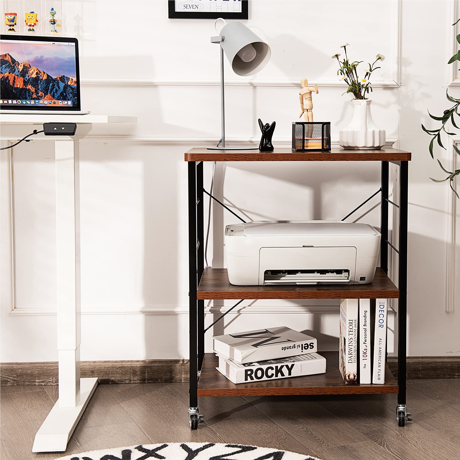 Image of 3-tier Serving Cart With Adjustable Shelf & 10 Removable Hooks, Kitchen Trolley With Wheels For Kitchen, Dining Room, Bar, And Restaurant, 60 X 40 X 73 Cm (brown)