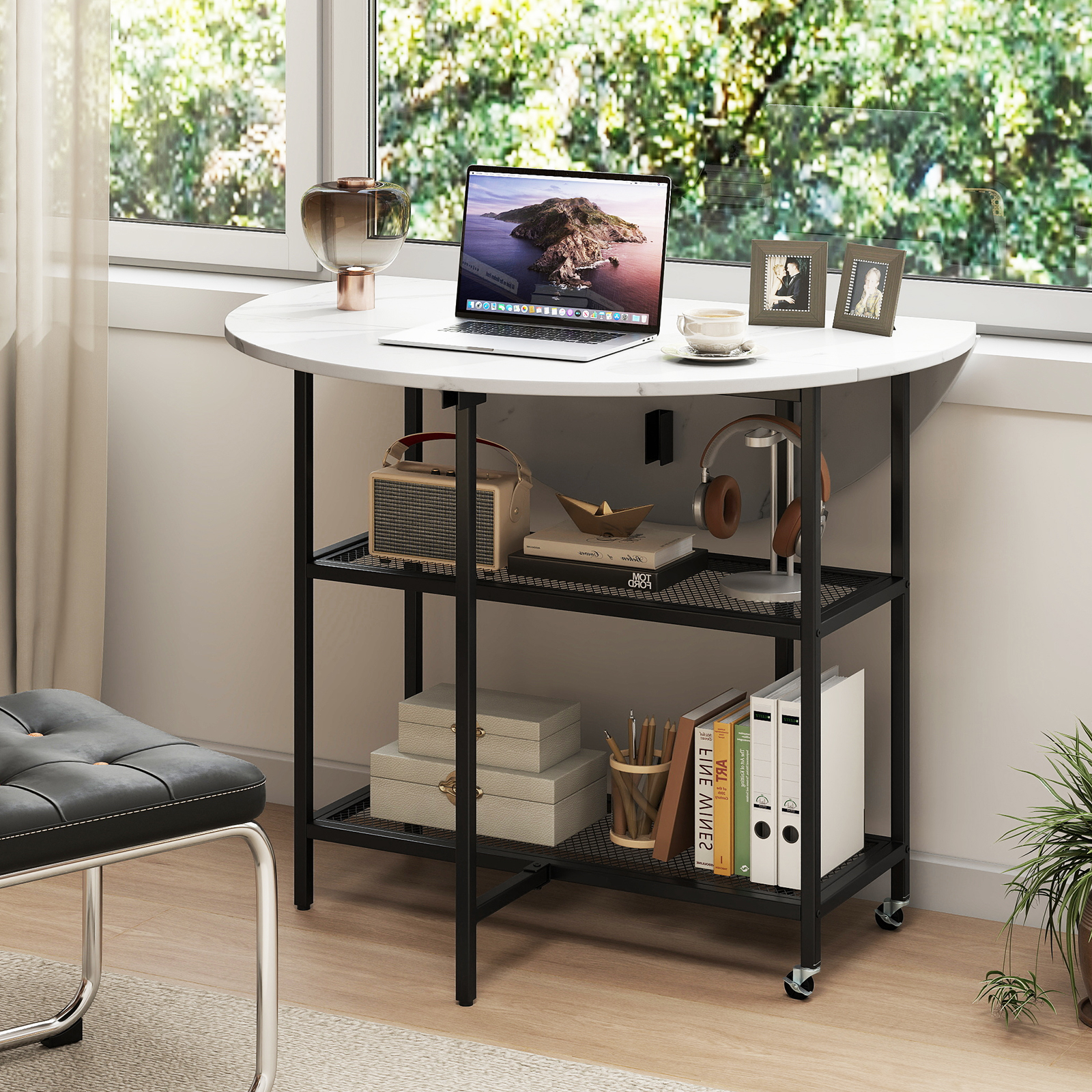 Round Kitchen Table, Modern Dining Table With Drop Leaf Tabletop, Elegant Marble-textured Finish, Metal Frame