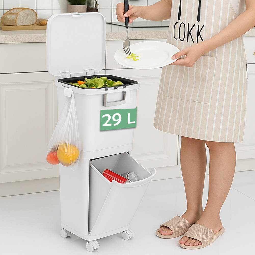 Image of Bakaji Kitchen Trash Can, 29-liter Capacity With Waste Bin And Recycling Collection, Space- Design, 1 Drawer And 4 Swivel Wheels With Brake, 26 X 36 X 76.6 Cm