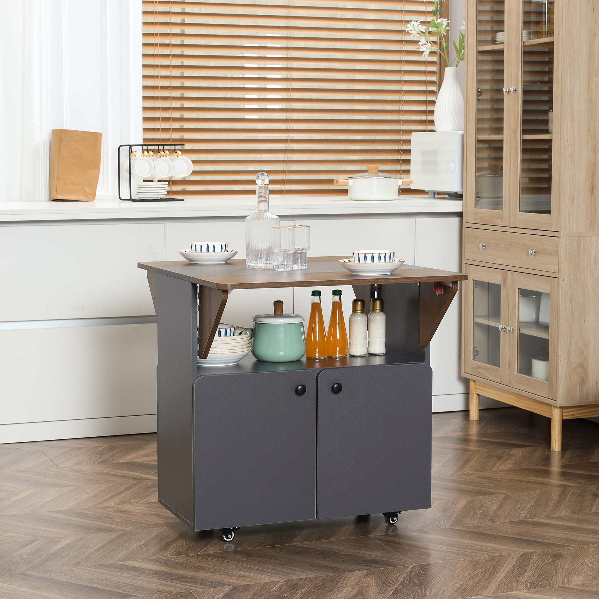 Folding Mobile Kitchen -, Drop-leaf Table With Wheels, Storage Space, Dining Table For Small Rooms, Dining Room 70 X 83 X 75 Cm, Light Grey + Dark Brown.