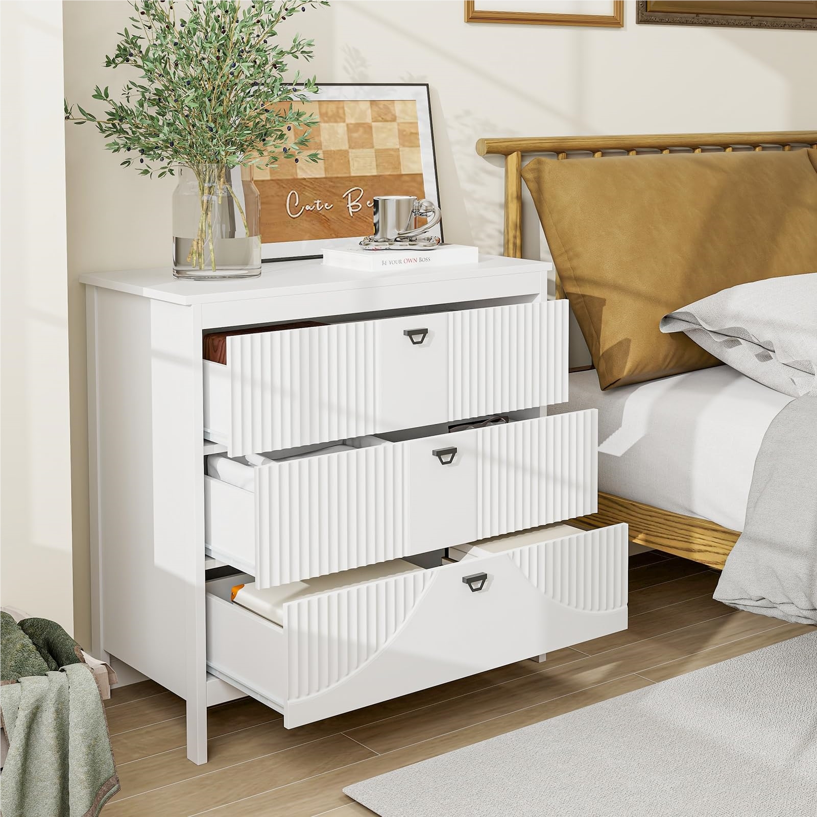 Image of Dresser With 3 Drawers, White Wooden Sideboard, Modern Drawer Cabinet, Storage Cabinet With Metal Handles & Tilt Lock, Drawer Dresser For Bedroom, Living Room