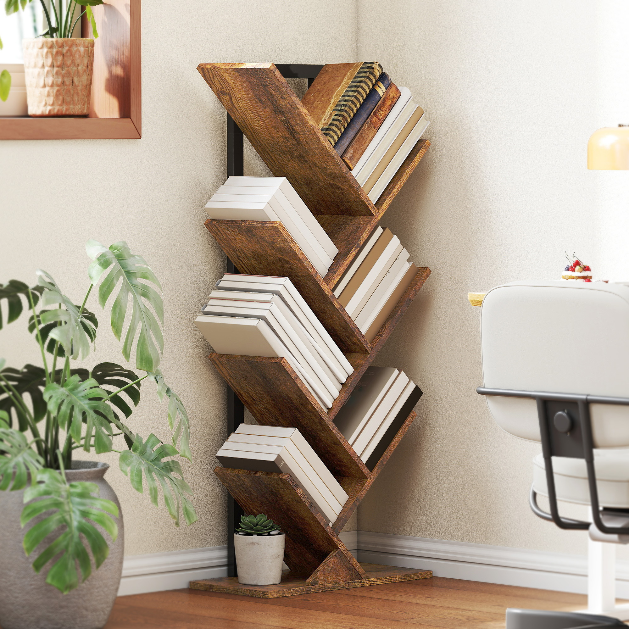 Bookshelf Floor-standing Shelf With 7 Levels Narrow Shelf In Tree Shape Storage Shelf Corner Shelf Office Shelf Room Divider For Cds, Dvds, Albums, Living Room, Bedroom, Office, Rustic Brown