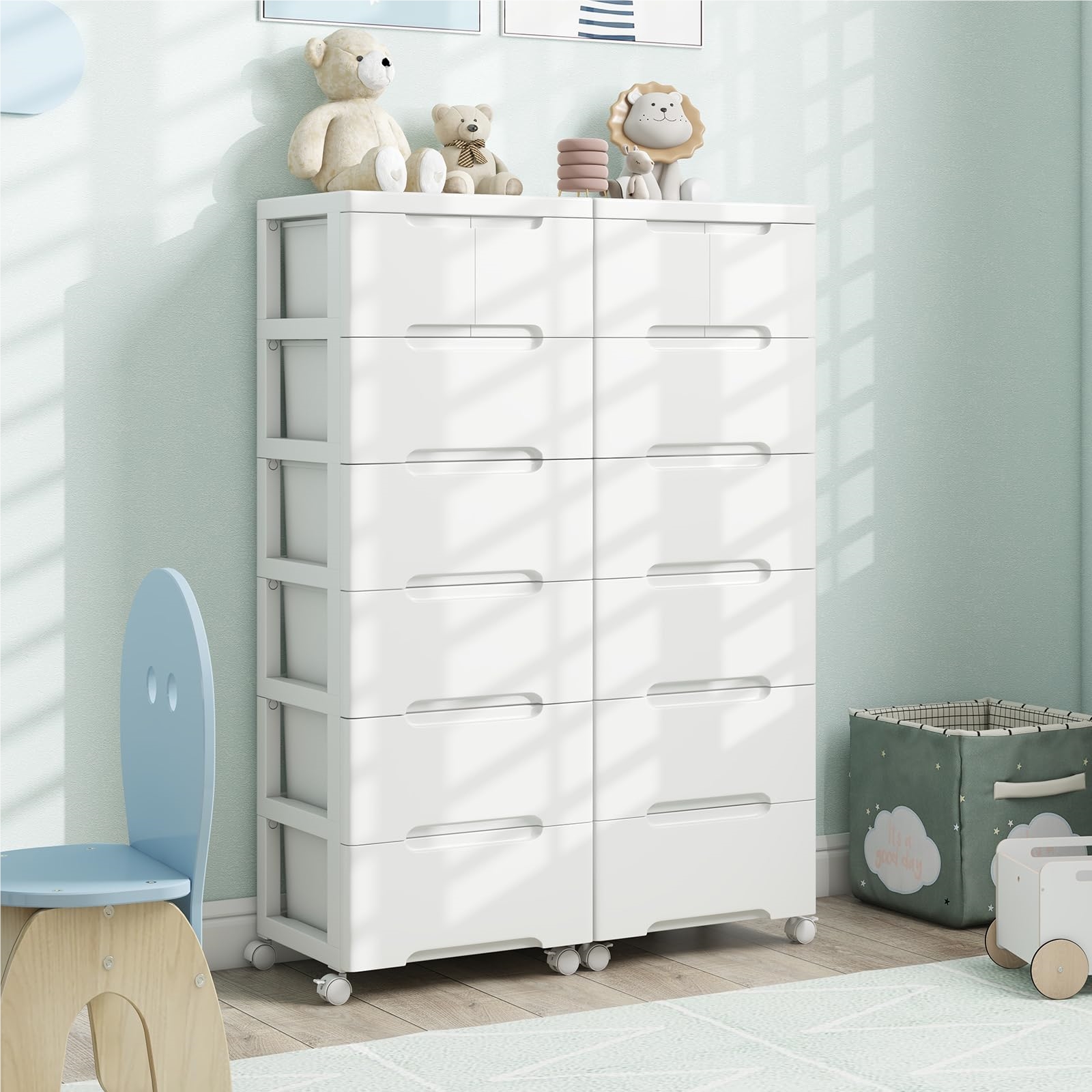 Image of Vertical Niche Storage Cabinet, Dresser With 7 Drawers, Universal & Lockable Casters, Bathroom Rolling Cart 40 X 32 X 114 Cm For Living Room Office Salon, White