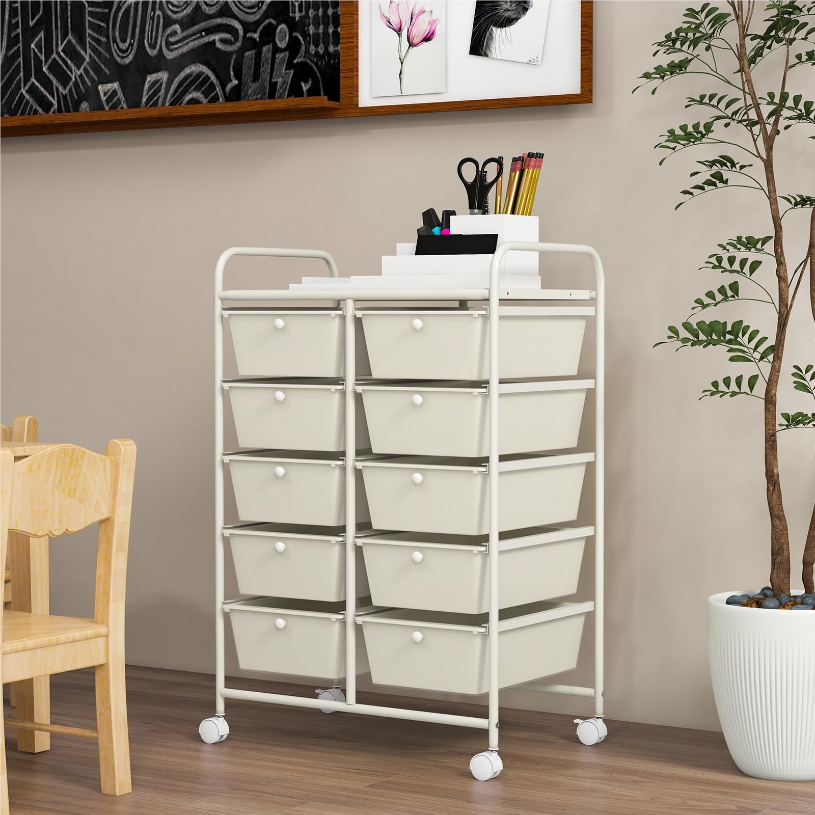 Rolling Cart With 10 Stackable Drawers, Drawer Cart Rolling Container With Metal Frame And Shelf, Bathroom Rolling Cart Storage Cart For Office, Living Room, 65.5 X 37 X 87 Cm