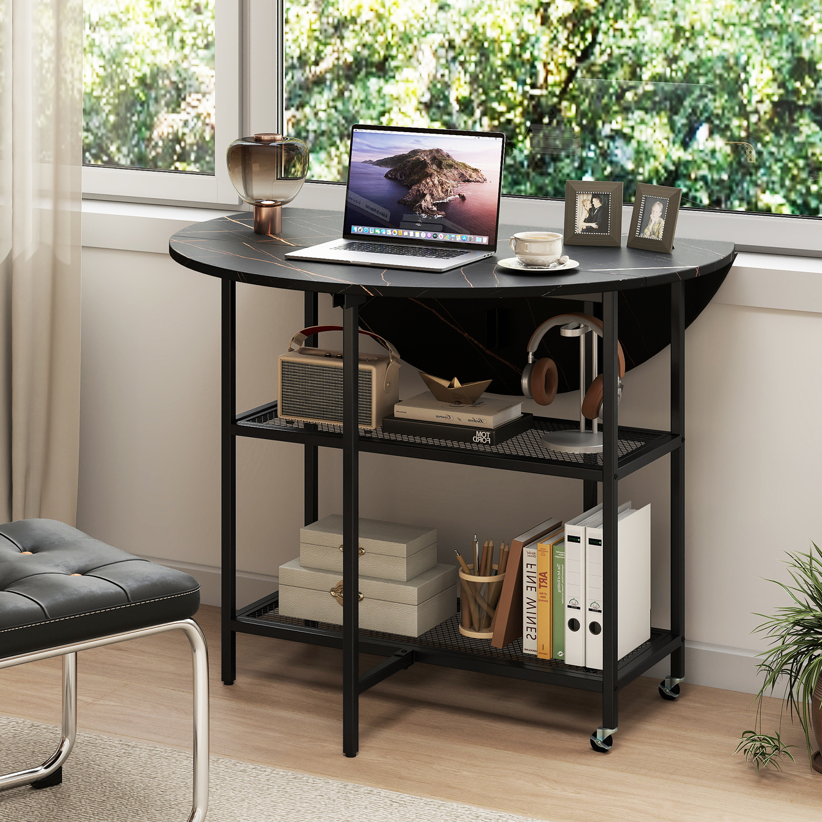 Round Kitchen Table, Modern Dining Table With Drop Leaf Tabletop, Elegant Marble-textured Finish, Metal Frame