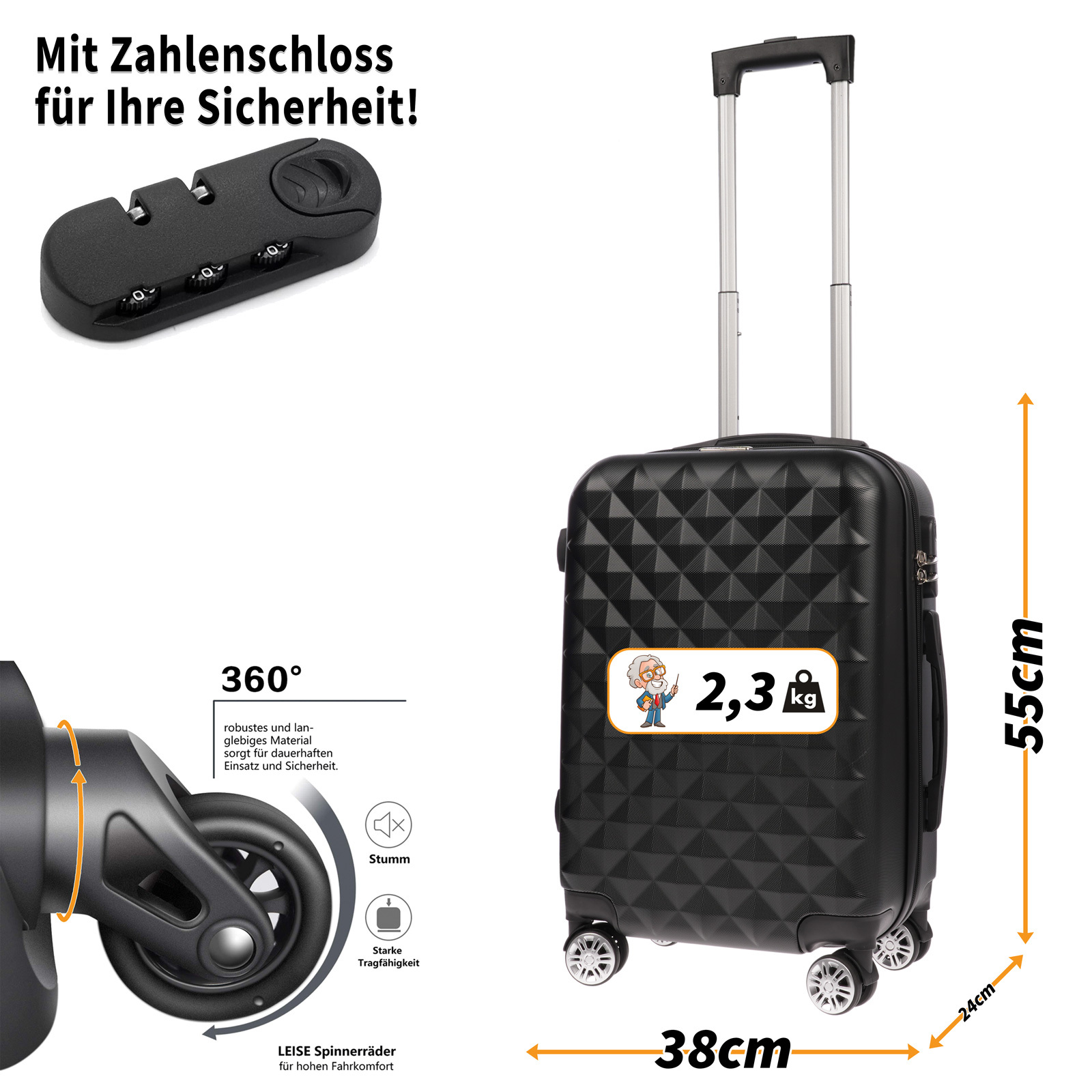 E-shop Christian Wippermann Reisekoffer Koffer Größe M 4-Rollen groß 35x55x24 cm mit Sicherheitschloss 42 Liter, 2,2 kg leicht für Männer & Frauen