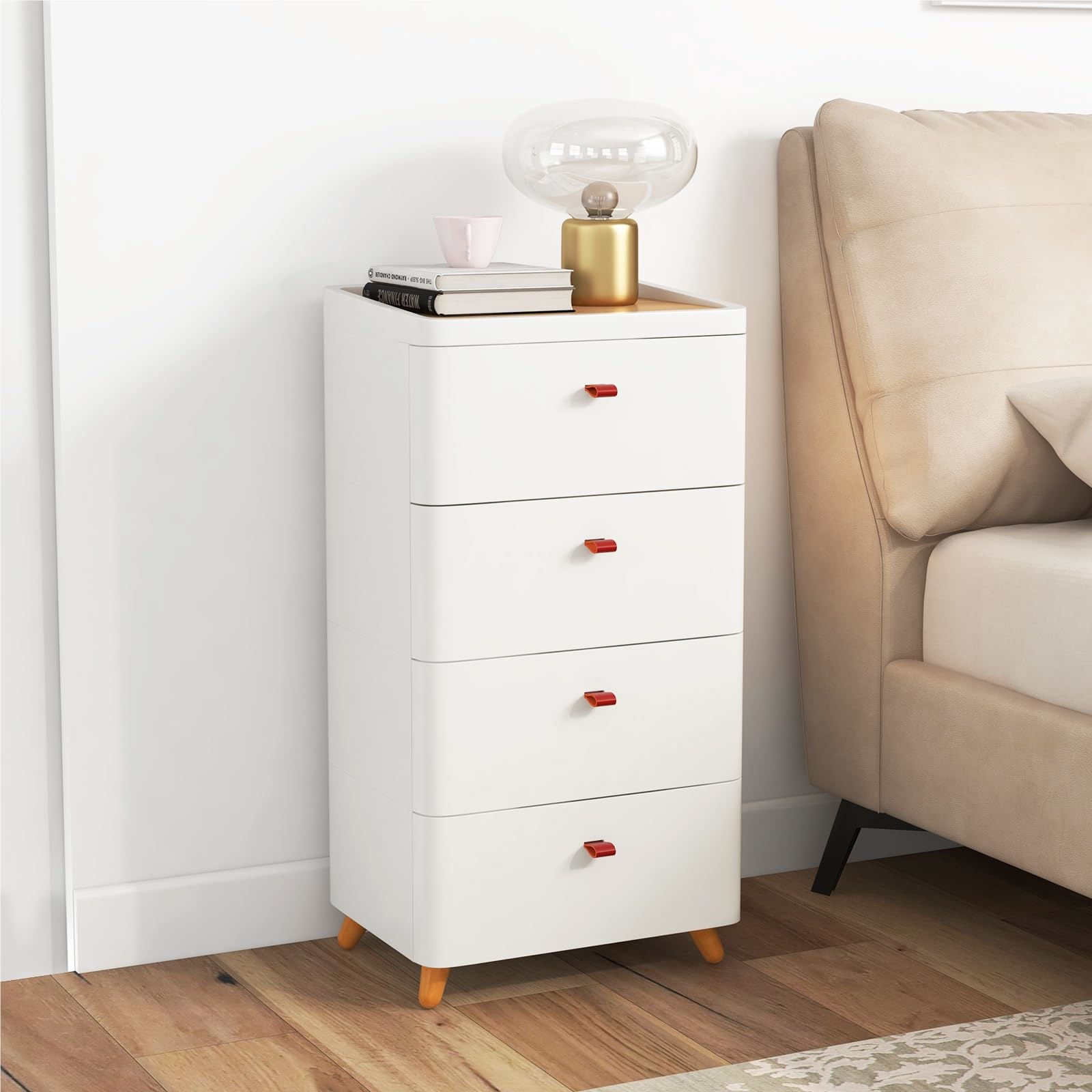 Nightstand With 4 Drawers, Bedside Table With Removable Organizer Tray & Wooden Legs, Modern Night Console For Bedroom, Living Room, White, 42 X 32 X 81.5cm