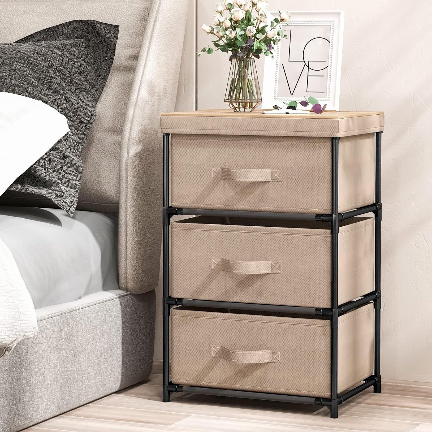 Image of Chest Of Drawers With 3 Removable And Foldable Drawers, Fabric Storage Furniture, Sturdy Metal Frame