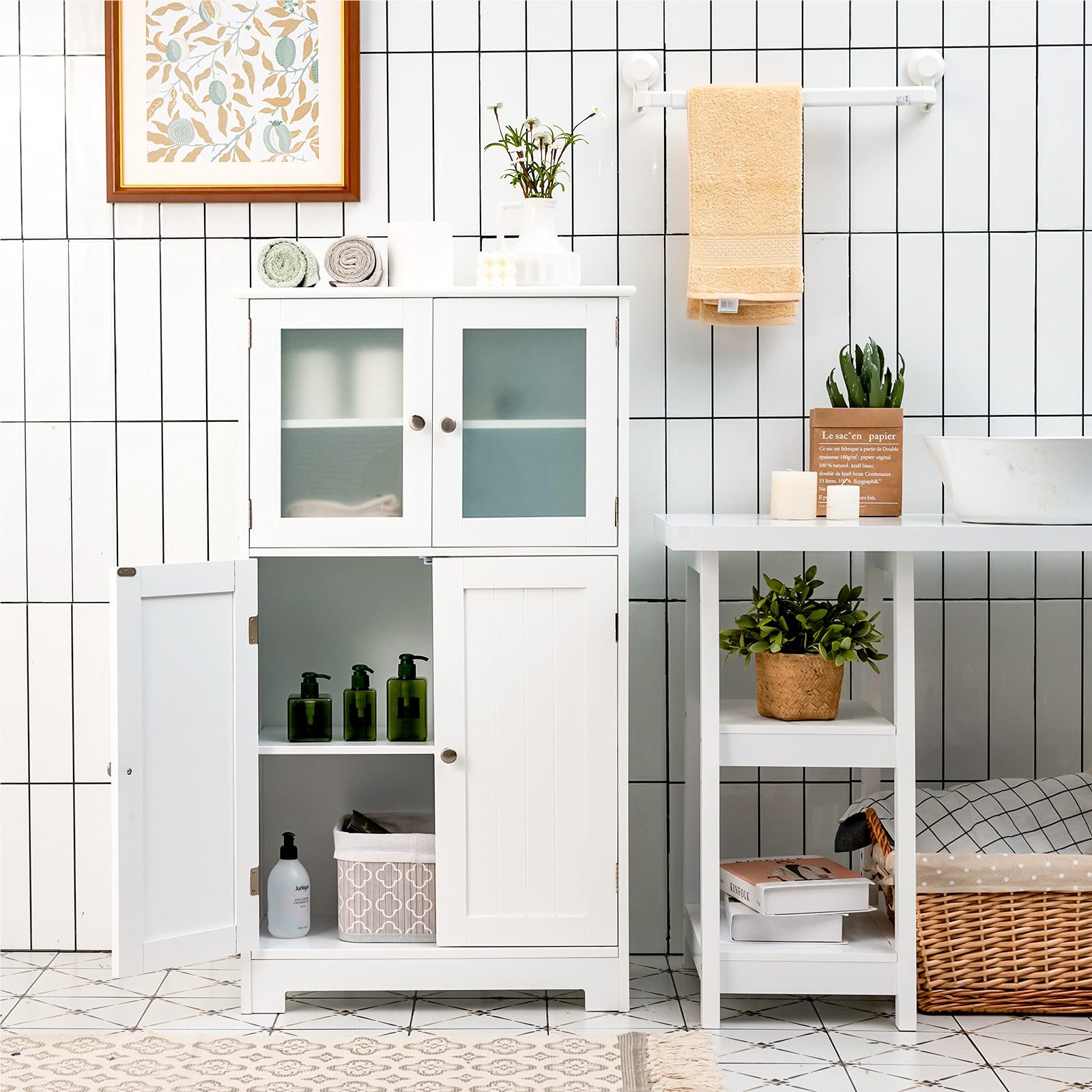 Image of Bathroom Cabinet, With Glass Doors & Adjustable Shelf, Tall Cabinet Wood, Bathroom Storage Cabinet For Bathroom, Kitchen, Living Room (white)