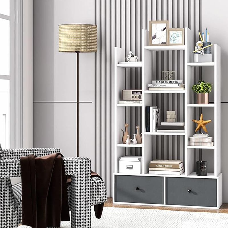 Bookshelf, Bookcase With 2 Non-woven Drawers And 12 Storage Shelves, Freestanding Book Shelf Tower