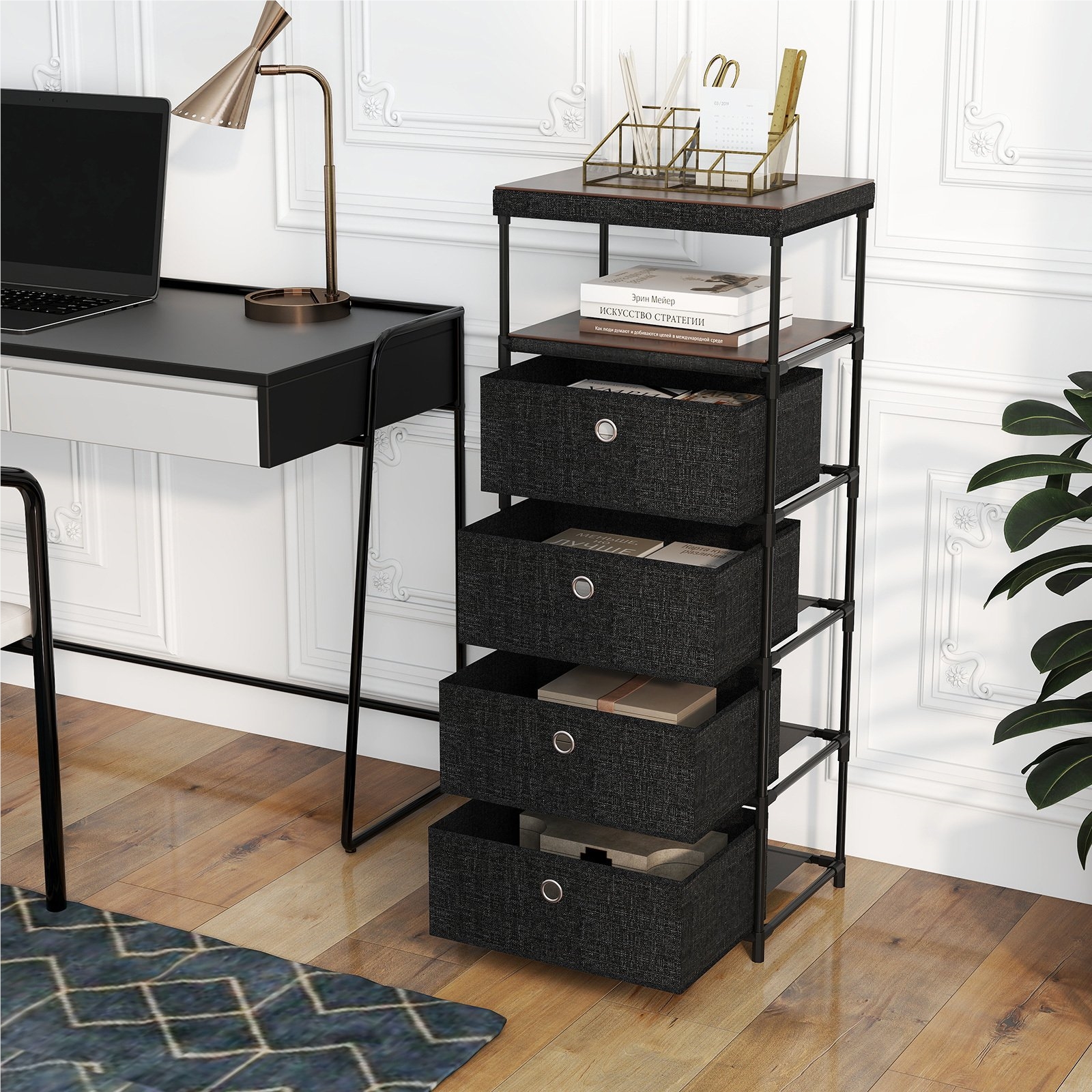 Image of Dresser With 4 Drawers, Fabric Dresser With Wooden Top, Shelf, Foldable Fabric Drawers, Metal Frame, Industrial Style For Bedroom, Living Room, Office, Hallway