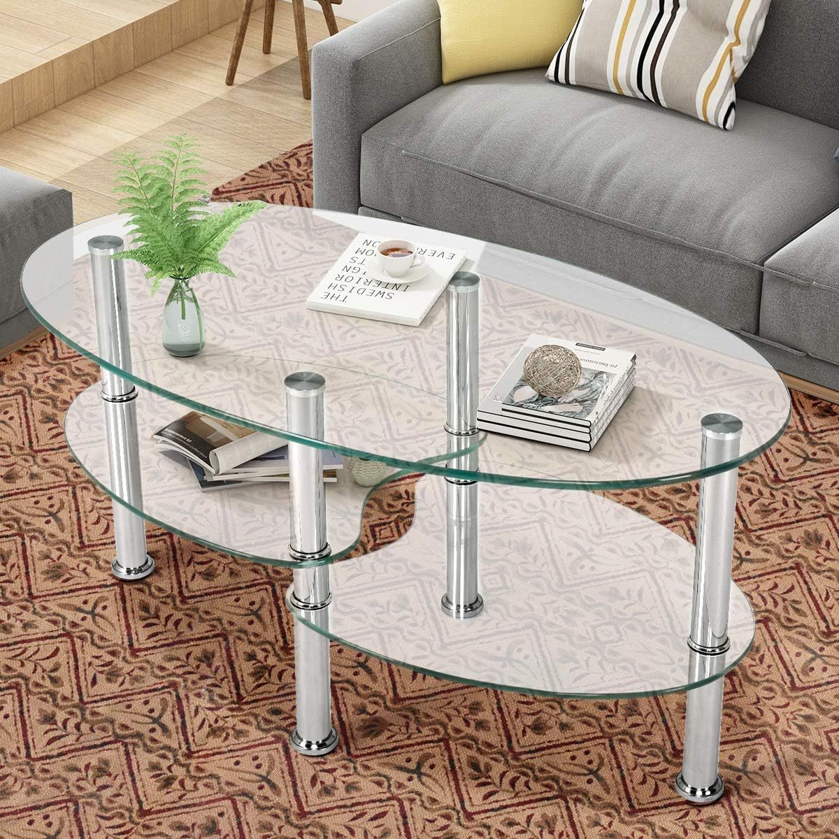 3-tier Oval Tempered Glass Coffee Table, Modern Coffee Table With Sturdy Metal Stand And Storage Shelf