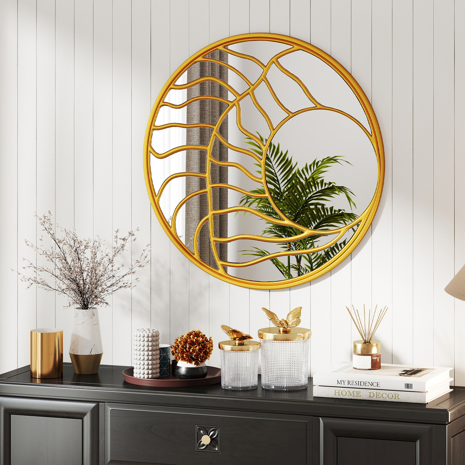 Gold Wall Mirror, "/80 Cm Large Round Wall Decorative Mirror With Irregular Frame, Modern Wall Decoration For Living Room, Entryway, Bedroom, Dining Room