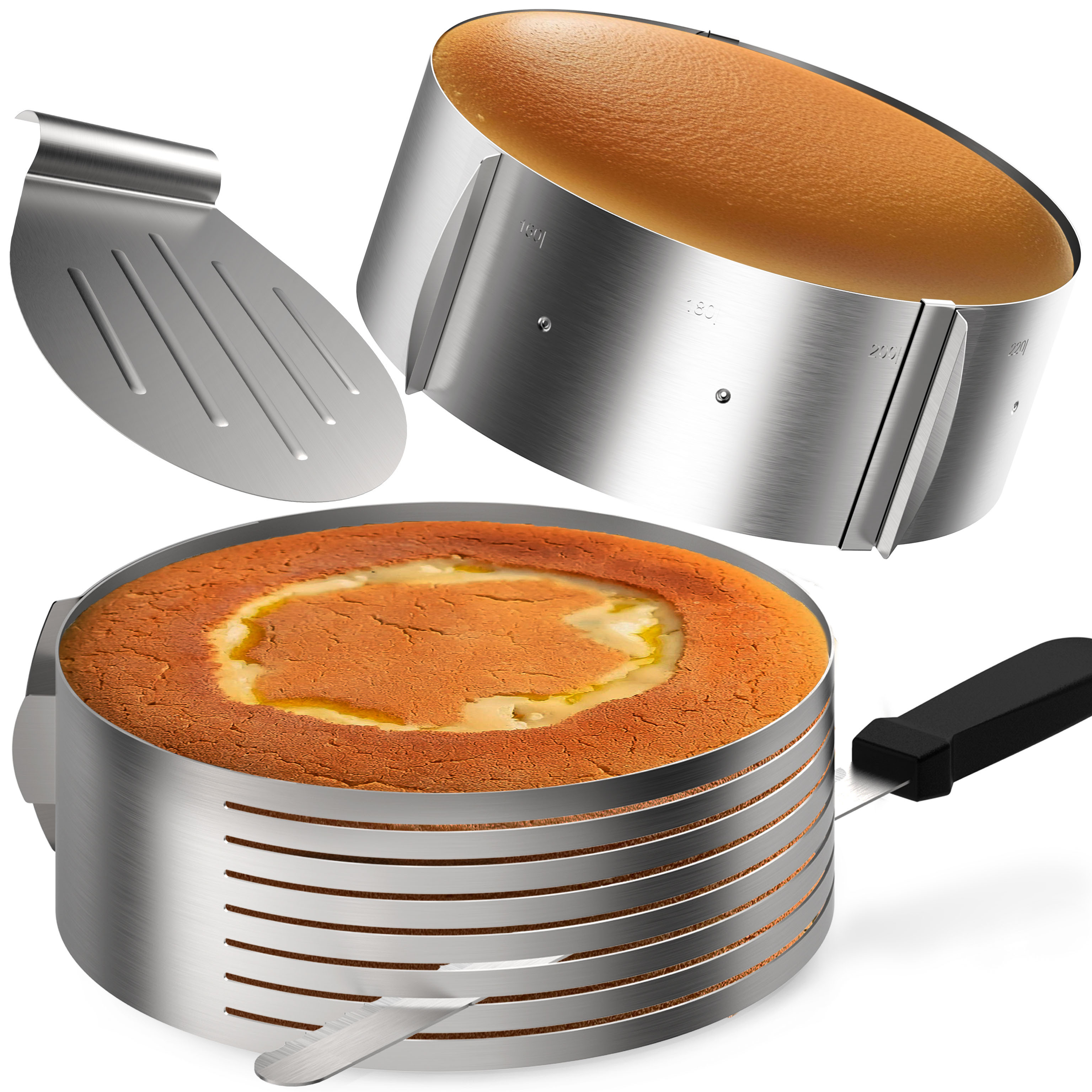 Lindenstein Cake Decorating Tools Stainless Steel - Optional 3pcs ( + Knife + Lifter) Or 4pcs (with 8.5 Cm Adjustable Cake Ring) | Complete Set For Professional Cake Preparation