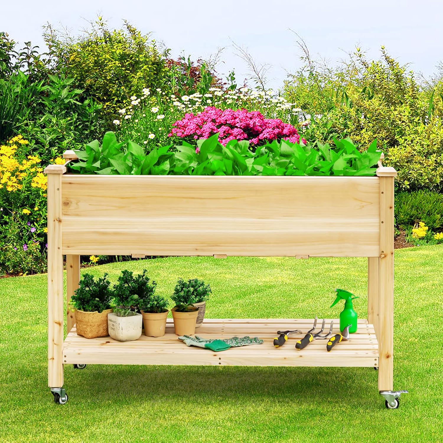 Image of Elevated Mobile Wooden Garden Bed On Lockable Wheels, Ideal For Patio Spaces, Vegetable Bed