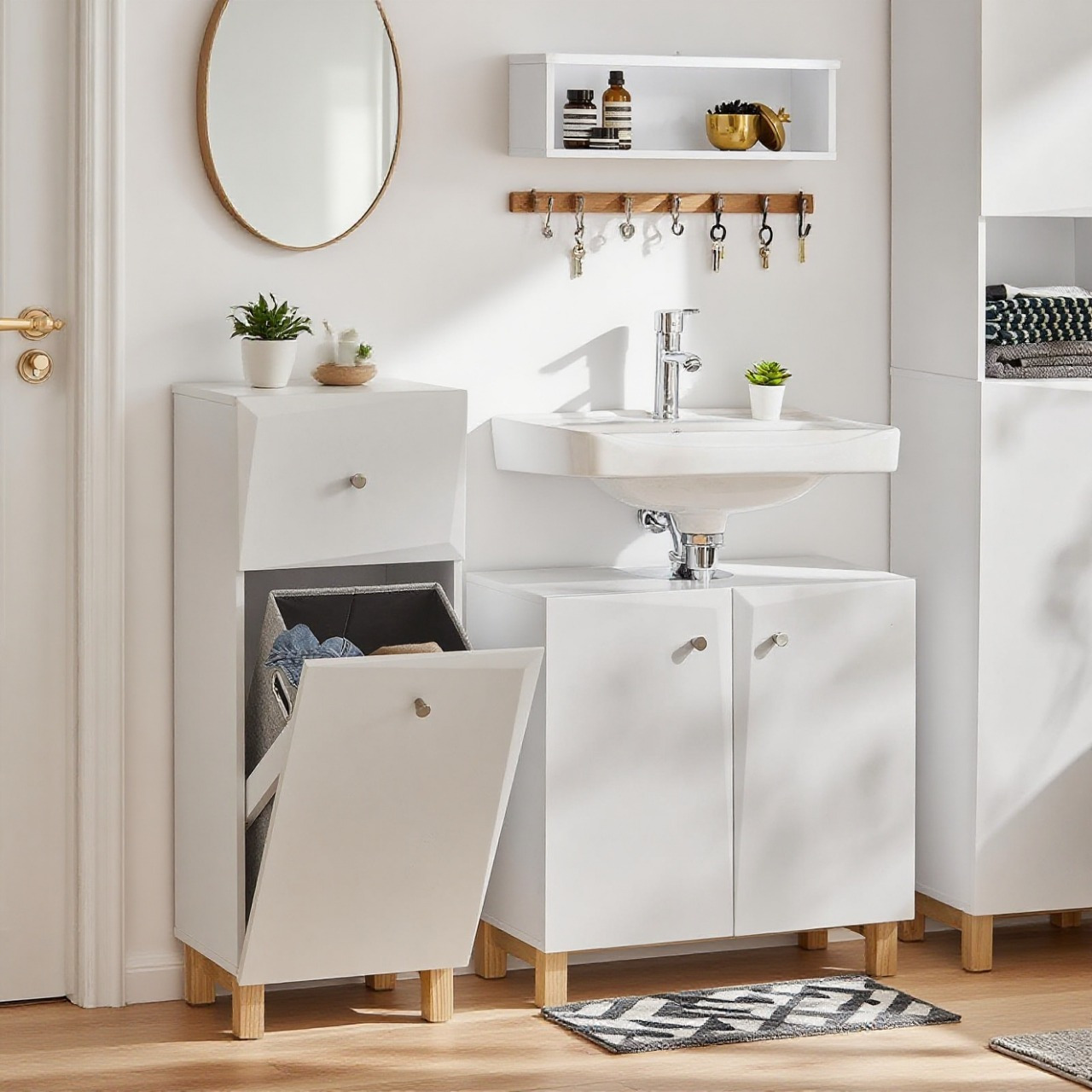 TEMU Bathroom Cabinet With Laundry Basket - Laundry Cabinet With Drawer - Compact Bathroom Cabinet With Foldable Laundry Bag, Wooden Bathroom
