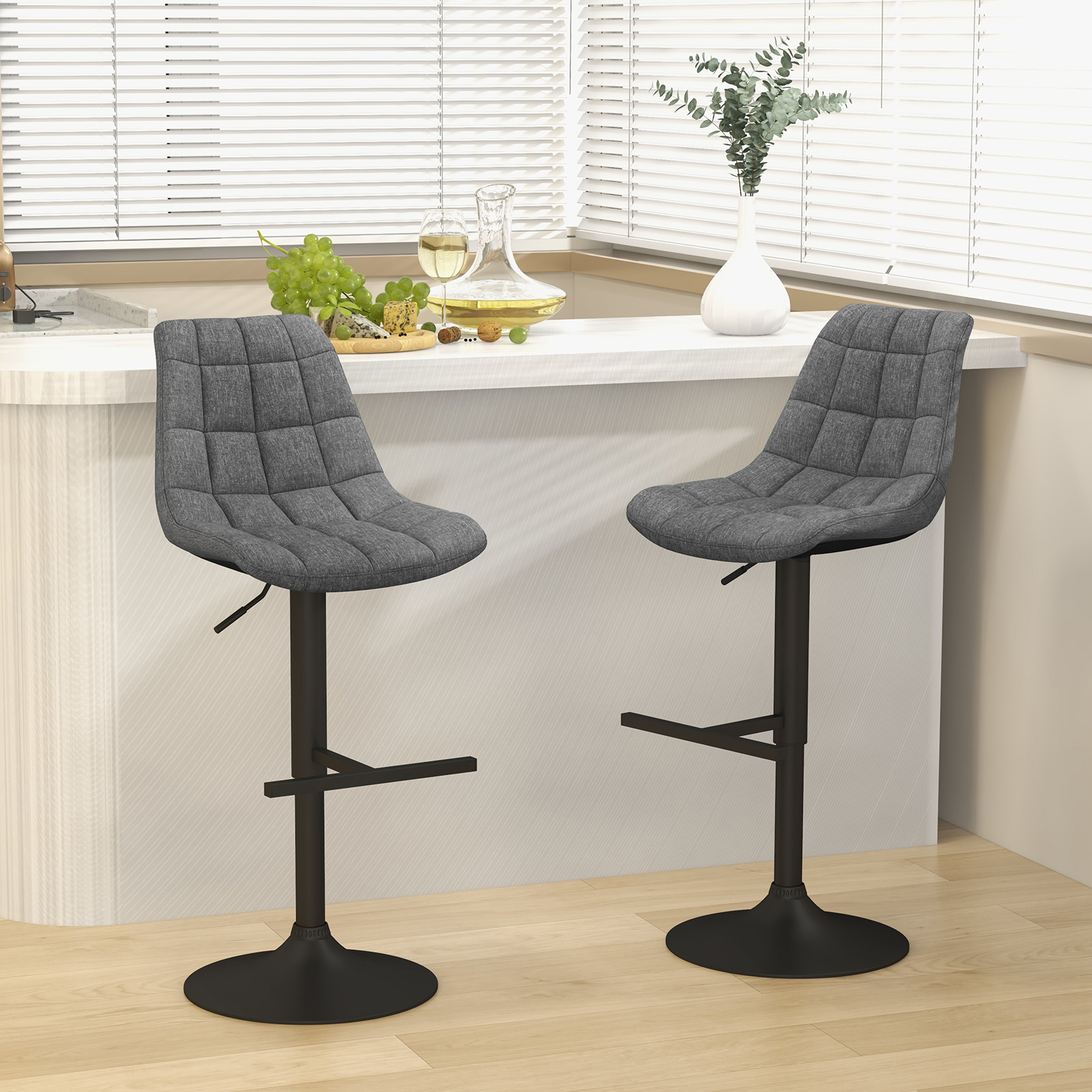 Height Adjustable Bar Stools Set Of 2, Upholstered Bar Chairs W/ Fabric Backrest And Padded Seat, 360°swivel Kitchen Chair Set, Counter Height Stools For Home, Dining Room, Pub, Gray