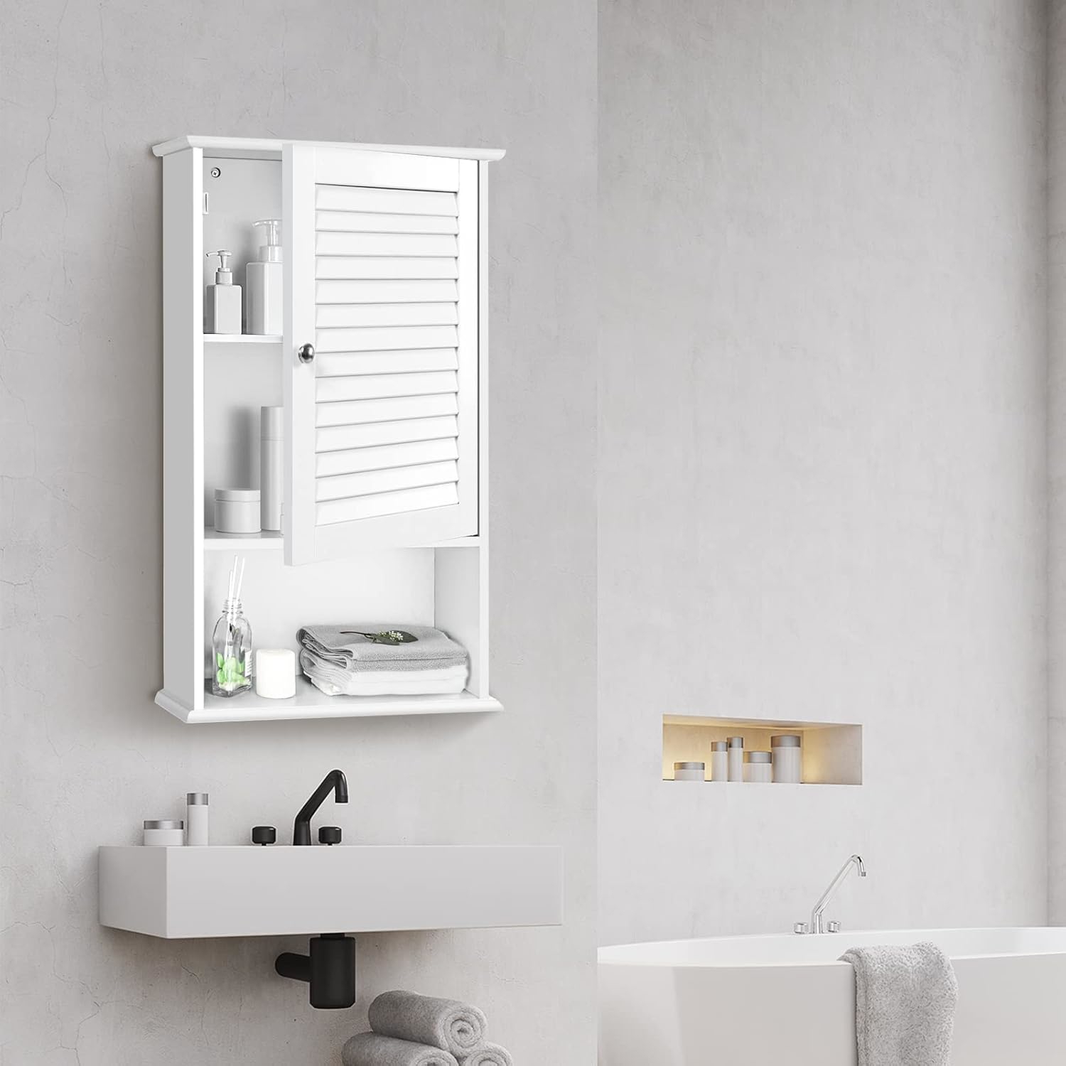 Image of Wall Mounted Bathroom Cabinet, Modern Single Door Medicine Cabinet W/ Open Shelf & Adjustable Shelf, Space- Wall Hanging Storage Organizer For Bathroom Living Room Kitchen, White