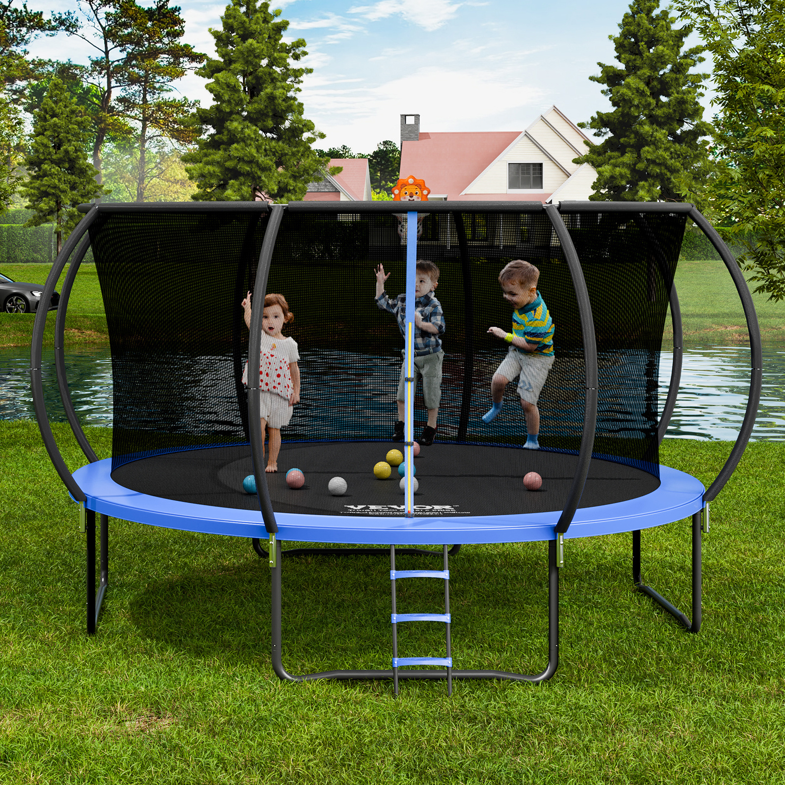 VEVOR 14FT Trampoline, 450 lbs Trampoline cu plasă de închidere, scară și stâlp curbat, trambulină de înaltă calitate cu covor de salt și husă de arc, trambuline recreative în aer liber pentru copii adulți