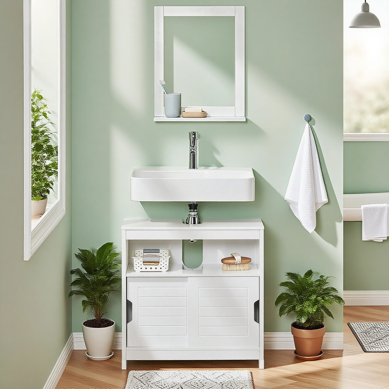 Image of Bathroom Storage 1pc Washbasin Cabinet Bathroom Furniture Washbasin - 1 Floor And 2 Sliding Doors White, 60x30x60 Cm - Sobuy Gsh239-x