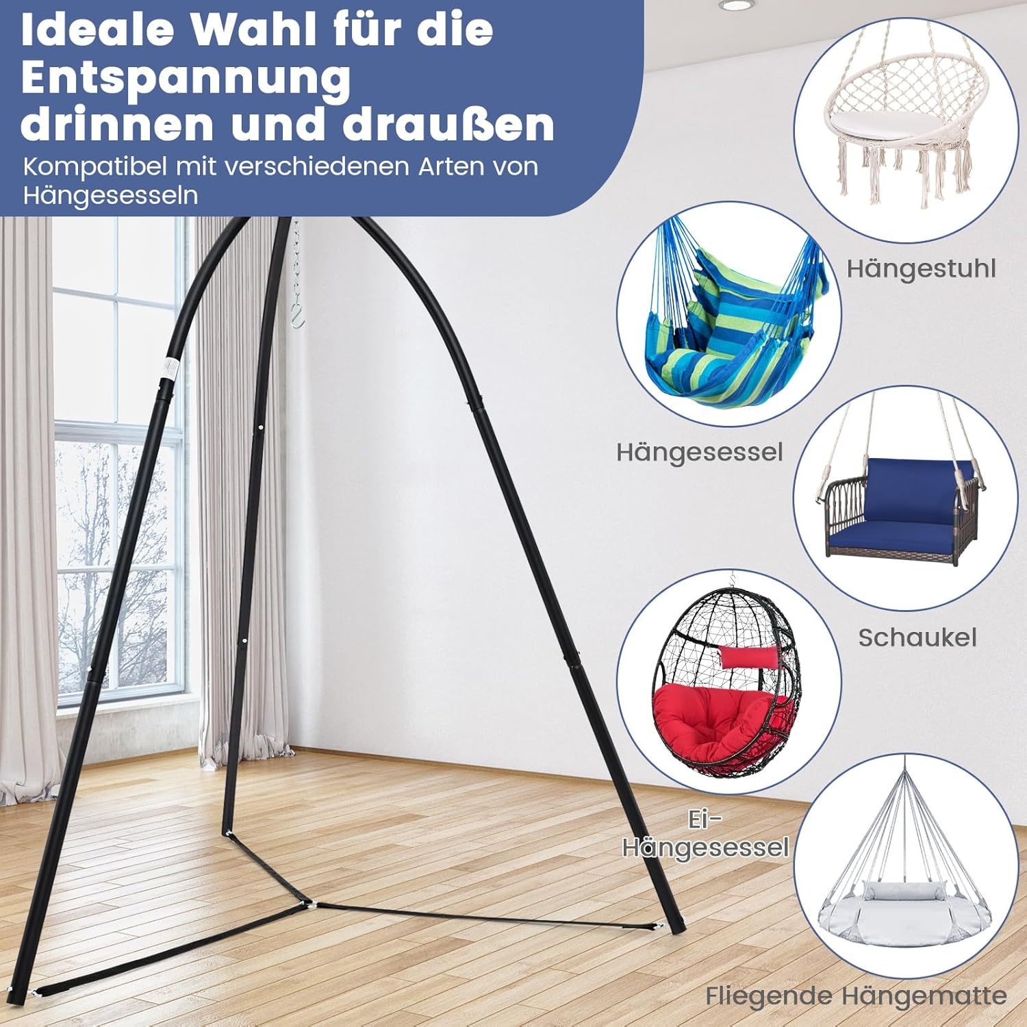 Image of Tripod Hammock Chair Stand, Heavy Duty Metal Frame Stand For Swing Or Hanging Chair, Indoor Outdoor Hammock Chair Stand