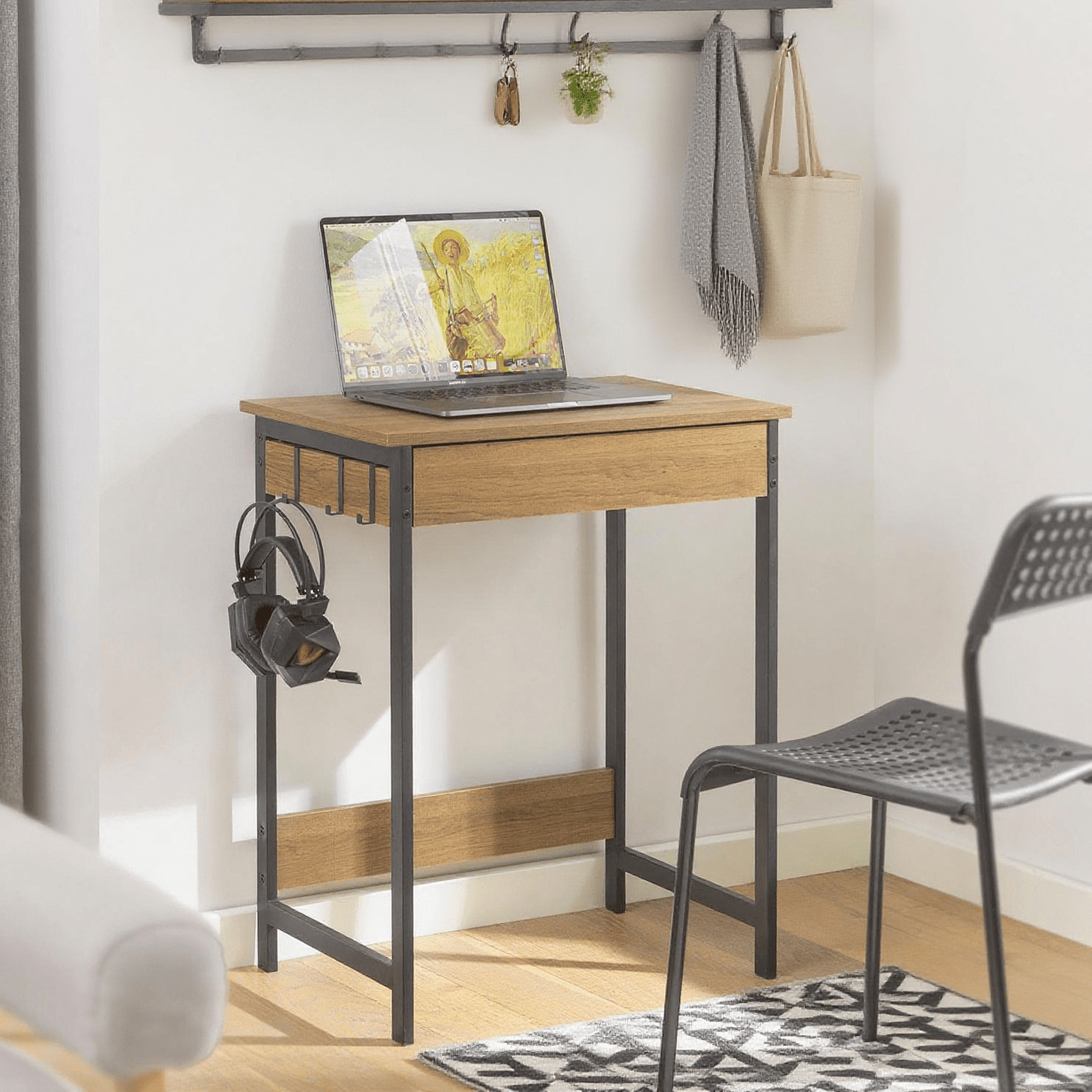 Image of 1 Small Desk With 1 Drawer And Gaming Desk With Storage Shelves Multifunctional Desk For Bedroom Natural Gaming Table 60x40x77cm - Gxu54-o