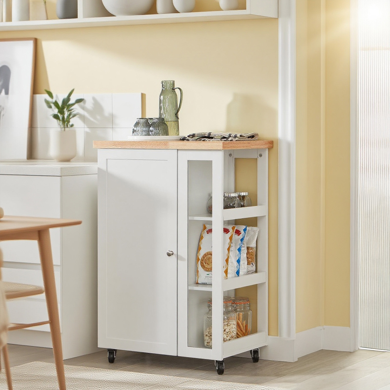 Image of Kitchen Cart For Rolling Serving Cart Side Table With 3 Storage Compartments Cart For Kitchen, Living Room, Dining Room White-natural Bht . 60x90x40cm Fkw75-wn