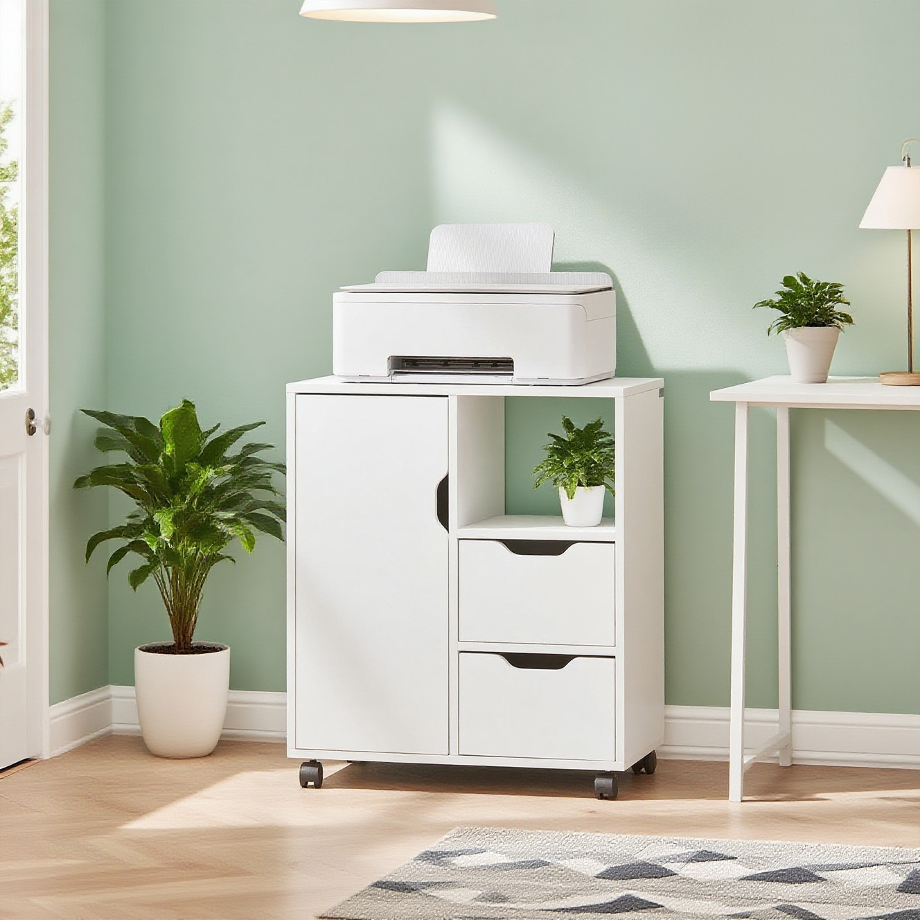 TEMU Rolling Cart With 2 Drawers And 1 Door, Printer Desk With Wheels, Office Desk Cabinet, Rolling Storage Unit, White, 60Ã70Ã35 Cm, Fbt105-w, Sobu