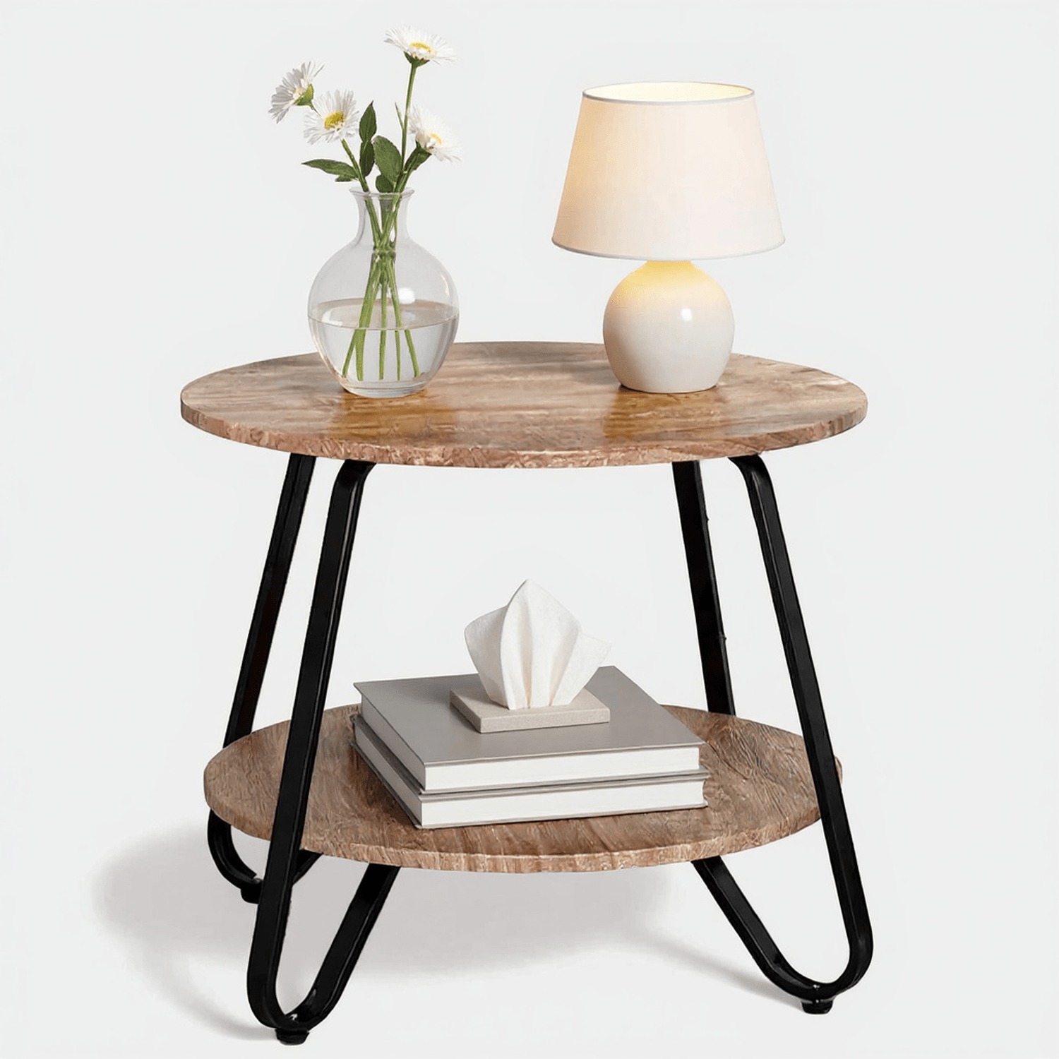 Image of Meuble Cosy 1pcs Retro Industrial Two-tier Round Accent Table Side Table With Mdf Frame And Adjustable Feetcap Space-saving, Brown, 46x46x45 Cm