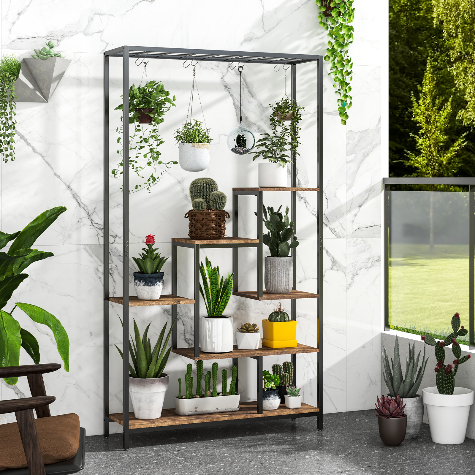 Image of 6 Tier Indoor Plant Stand, 71" Tall And Large Metal Flower Bonsai Pot Display Rack With 10 Hanging Hooks, Multiple Potted Plant Holder Rack