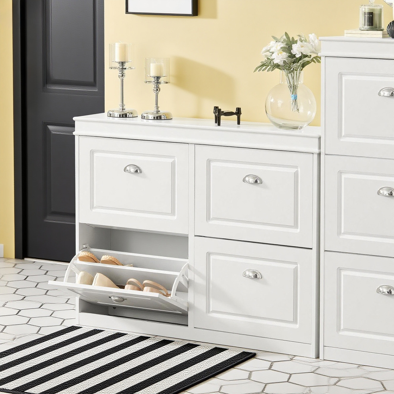 Image of 1-piece Shoe Cabinet With 4 Flaps, Entryway Shoe Storage, Shoe Rack For 16 Pairs, For Hallway, Entryway, 105x24x83 Cm, White - Sobuy Gts90-x