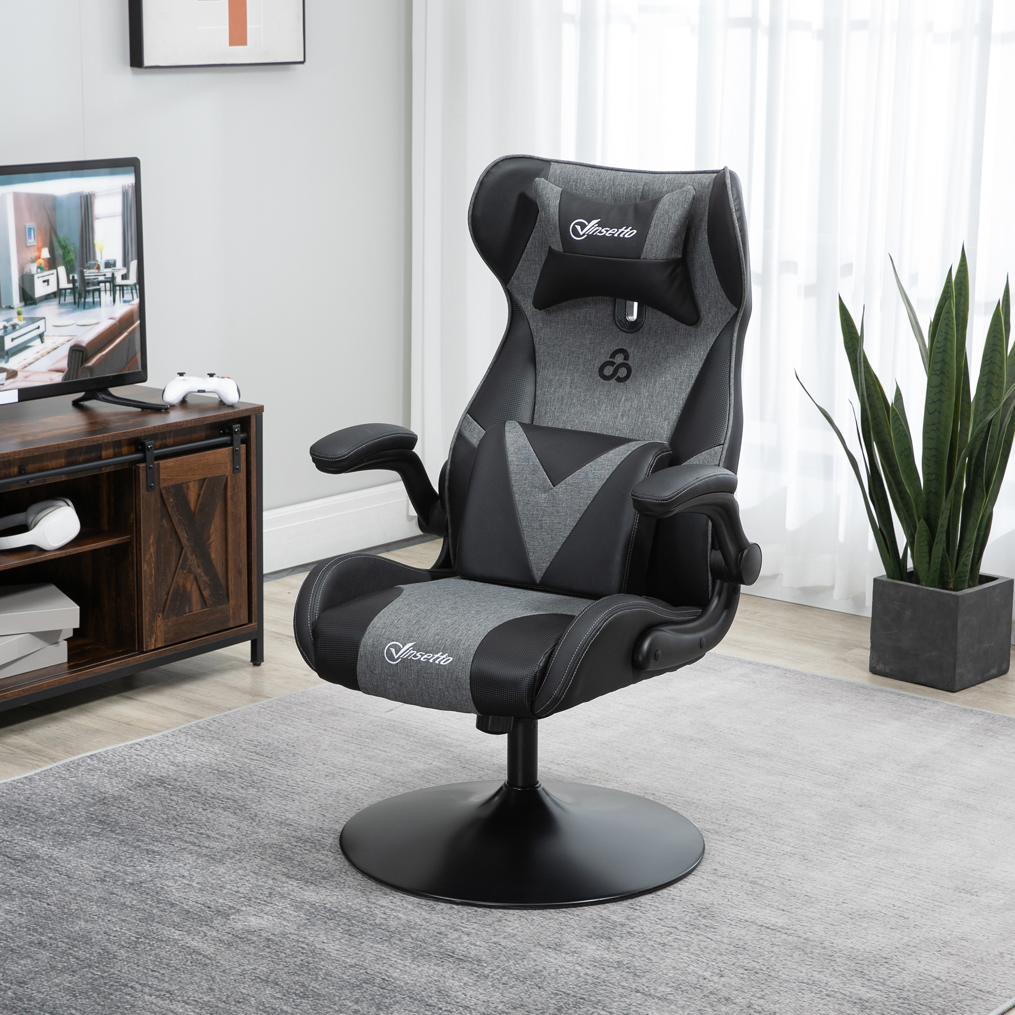 Image of Gaming Chair Ergonomic Gamer Chair With Adjustable Armrest, Lumbar Support, Height-adjustable Headrest Gaming Seat With Rocking Function Artificial Leather Linen-optic Black+grey