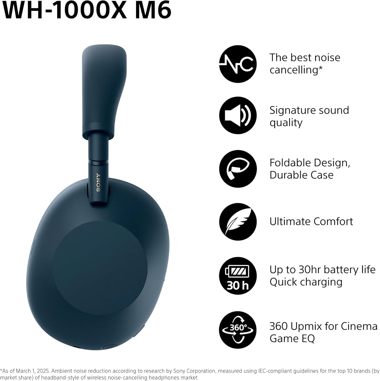 Sony WH-1000XM6 Flagship Noise Cancelling Over-Ear Wireless Bluetooth Headphones, Signature Hi-Res Sound, Ultimate Comfort, Foldable Design, Durable Case, 30 HR Battery, iOS & Android - Midnight Blue