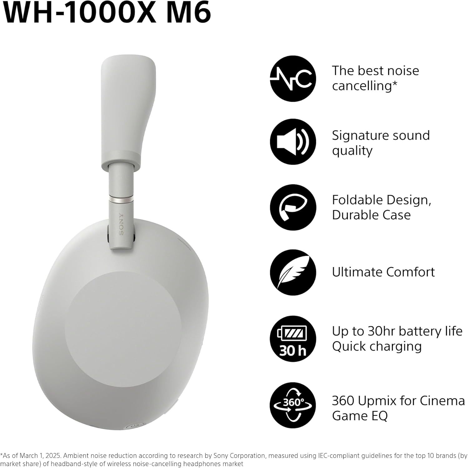 Sony WH-1000XM6 Flagship Noise Cancelling Over-Ear Wireless Bluetooth Headphones, Signature Hi-Res Sound, Ultimate Comfort, Foldable Design, Durable Case, 30 HR Battery, iOS & Android - Silver