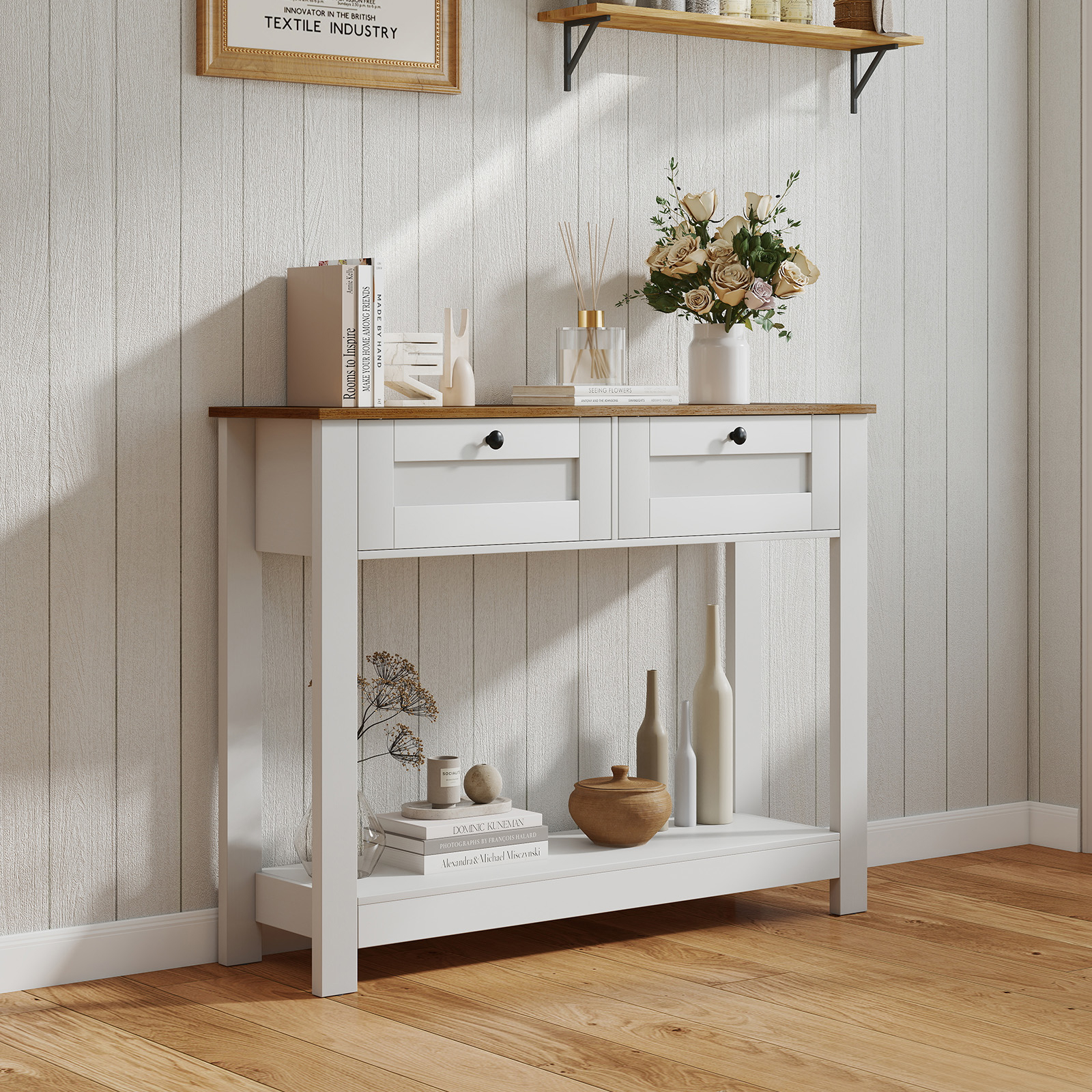 Image of Console Table With 2 Drawers, Narrow Entryway Table With Open Storage Shelf, Behind Couch Table With Anti-tip Kits For Living Room, Hallway, Entrance, Natural And White