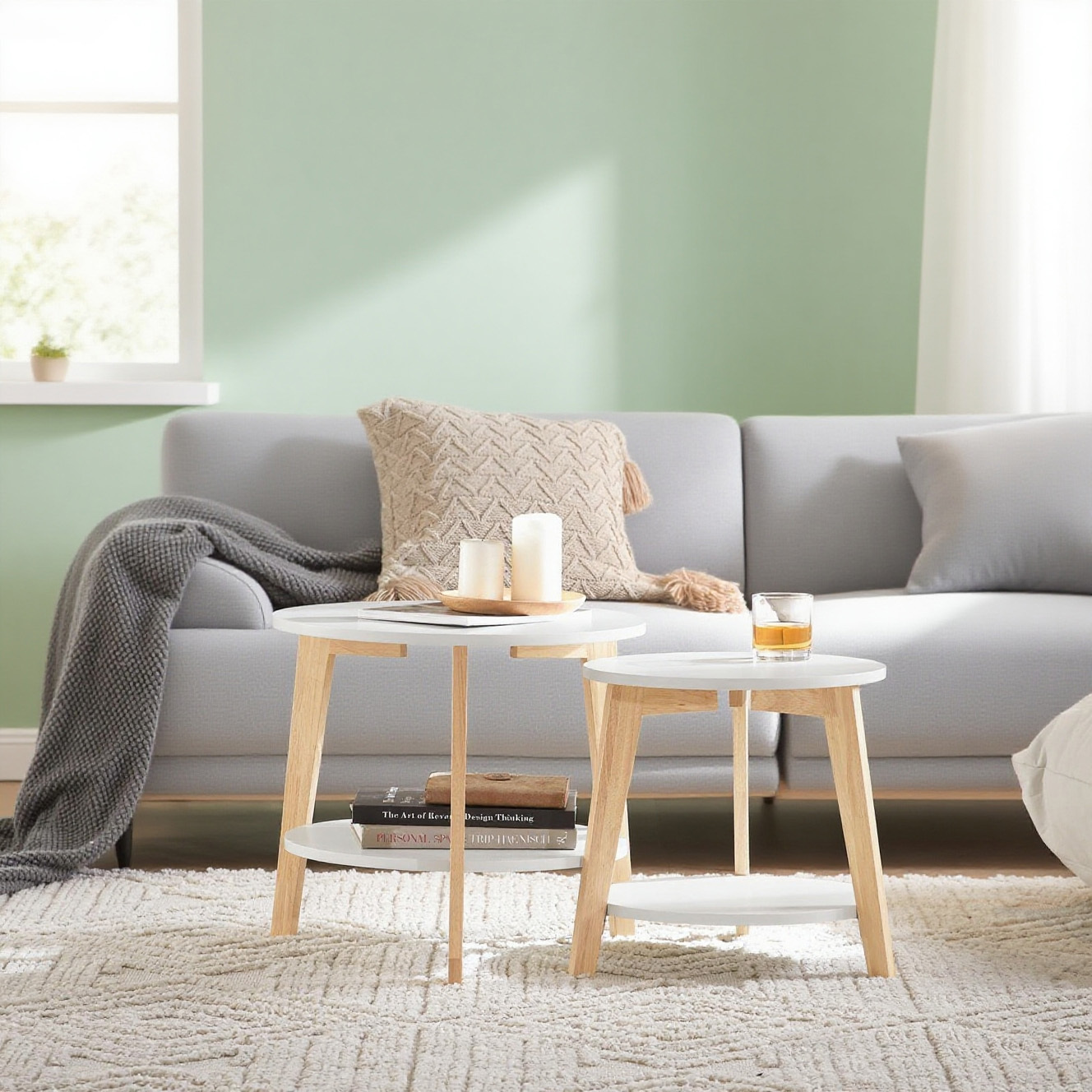 Coffee Table 2pcs Set - Space- Round Side Tables, Small & Large Living Room Table, White, Fbt75-w
